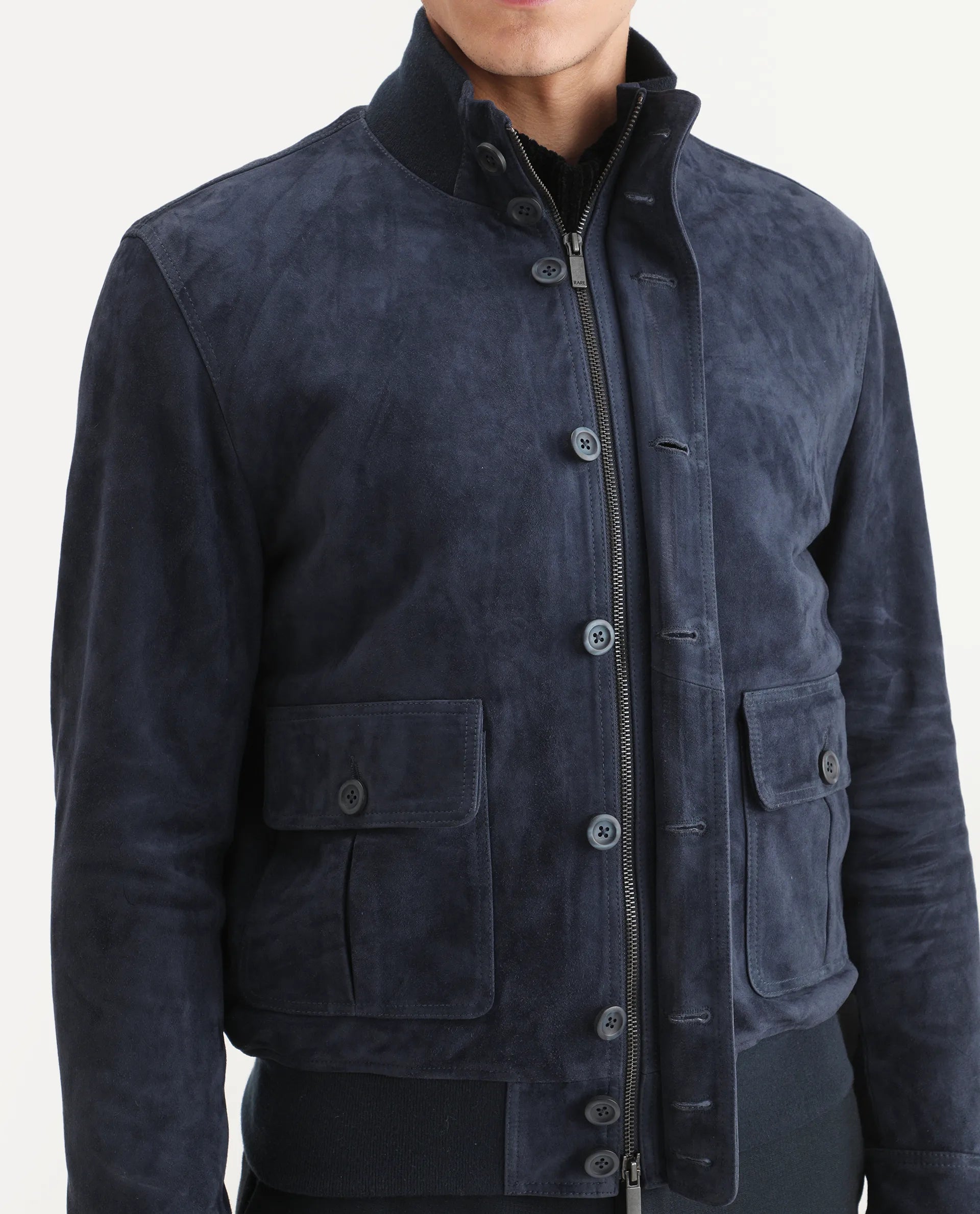 Rare Rabbit Men's Byron Navy Leather Fabric High Neck Ribbed Collar Regular Fit Plain Jacket