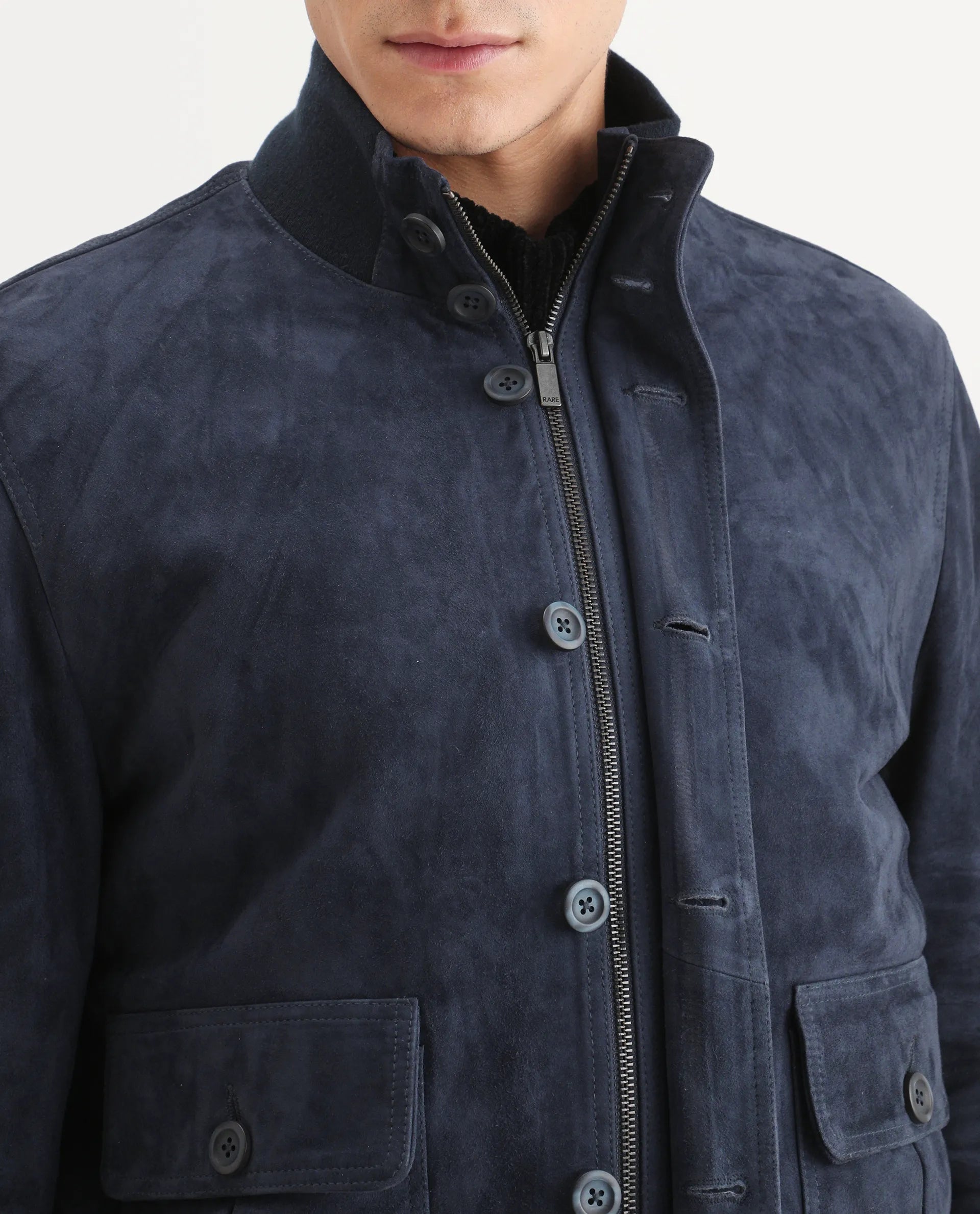 Rare Rabbit Men's Byron Navy Leather Fabric High Neck Ribbed Collar Regular Fit Plain Jacket