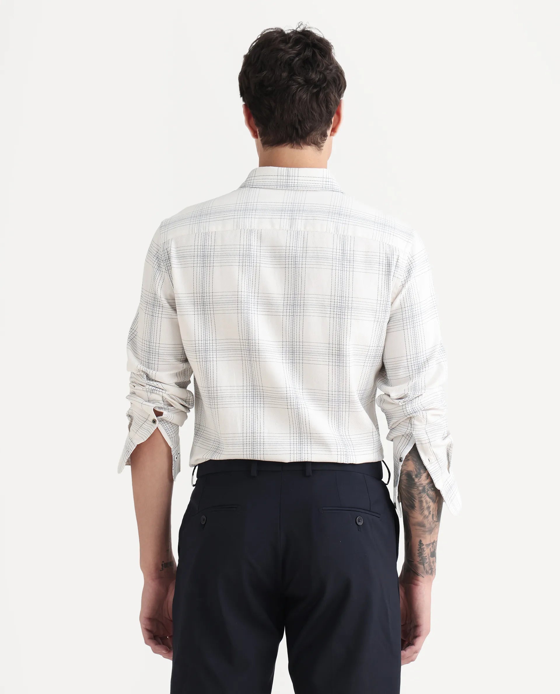 Rare Rabbit Men's Raul 25 Off White Cotton Checked Print Regular Fit Full Sleeve Collared Shirt
