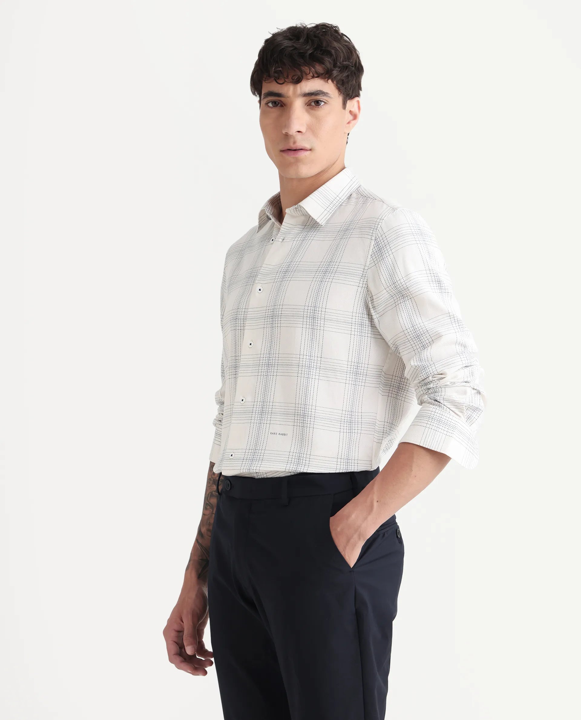 Rare Rabbit Men's Raul 25 Off White Cotton Checked Print Regular Fit Full Sleeve Collared Shirt