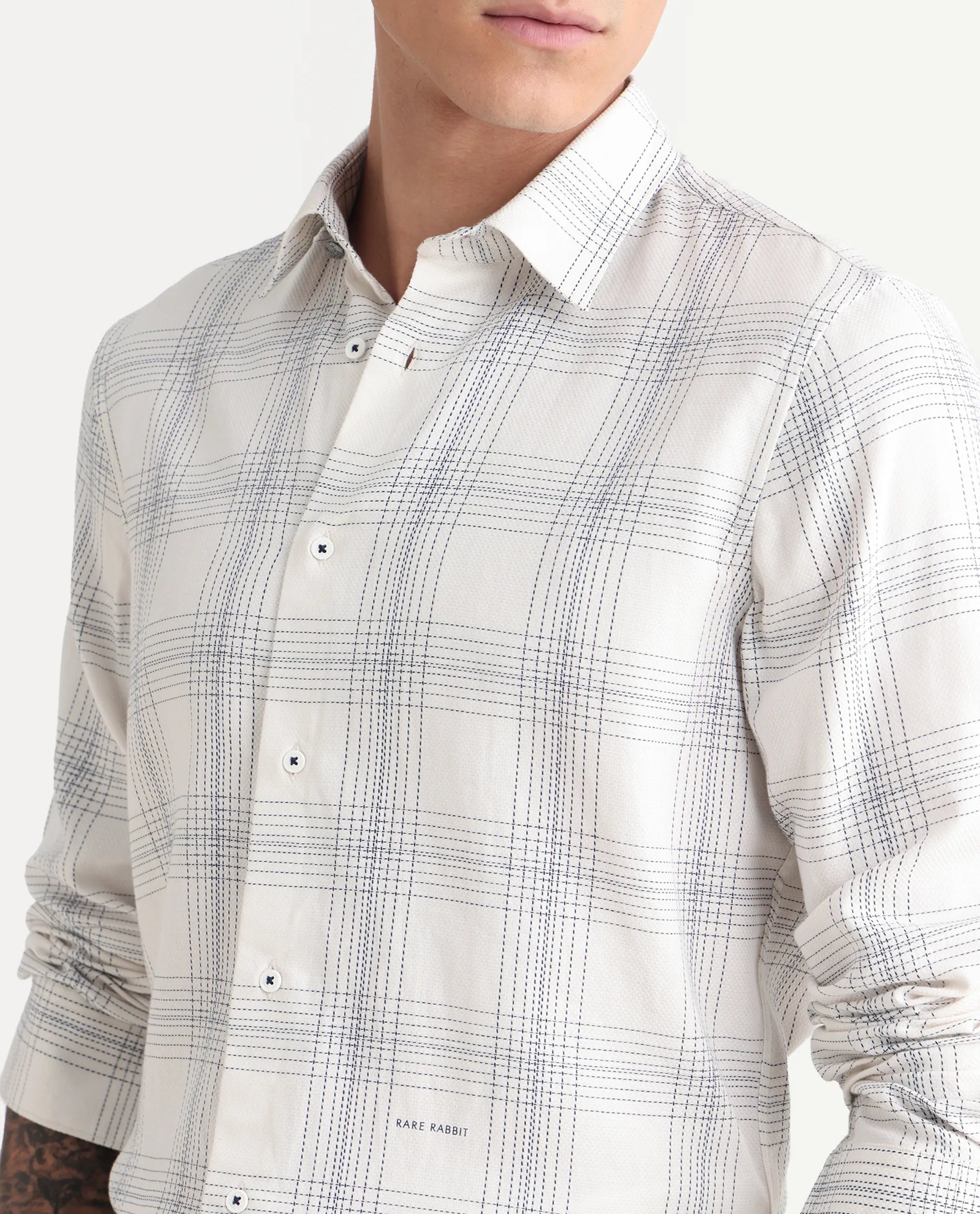 Rare Rabbit Men's Raul 25 Off White Cotton Checked Print Regular Fit Full Sleeve Collared Shirt