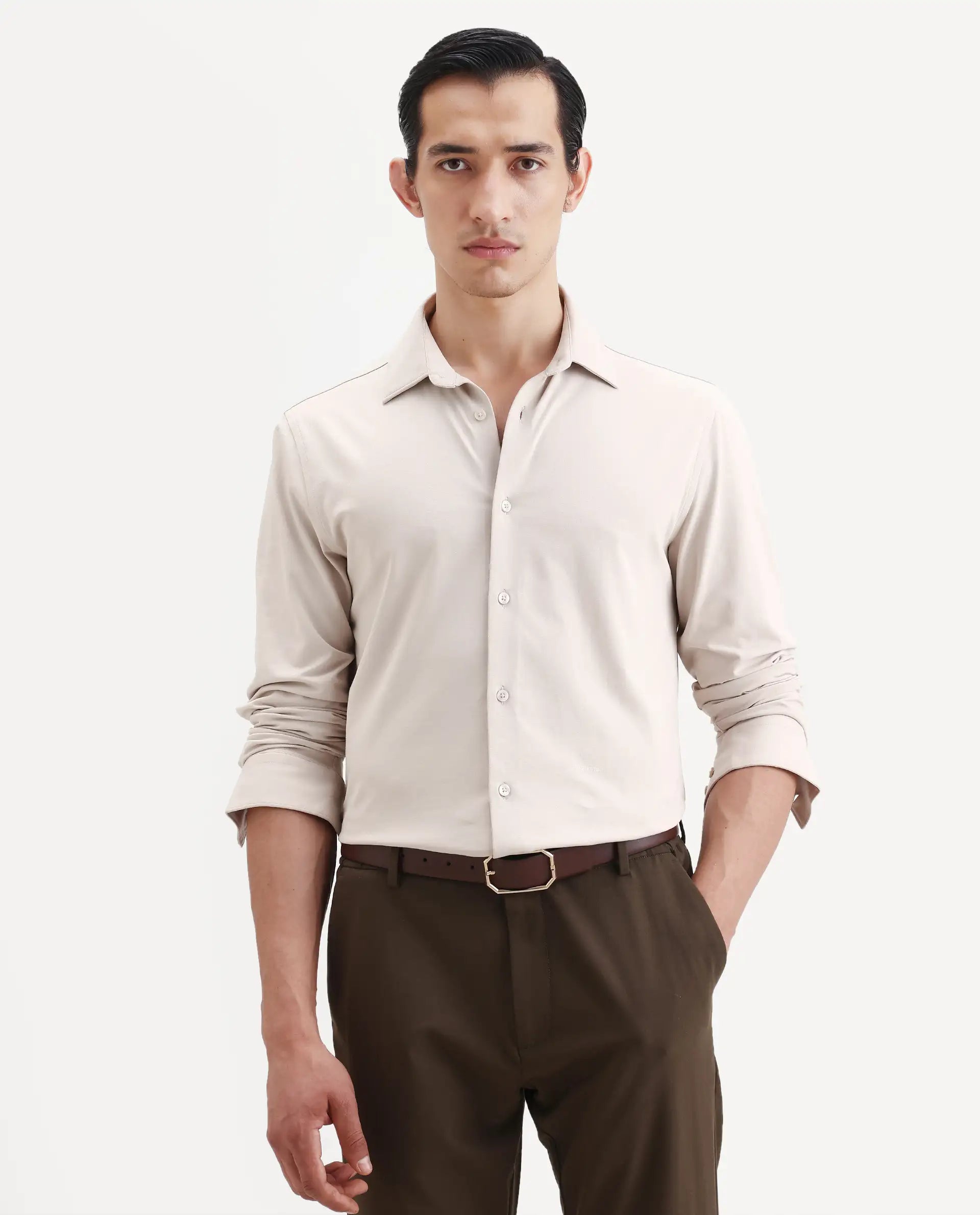 Rare Rabbit Men's Tour-25 Beige Cotton Polyester Elastane Fabric Full Sleeve Collared Collar Button Closure Plain Knitted Formal Shirt
