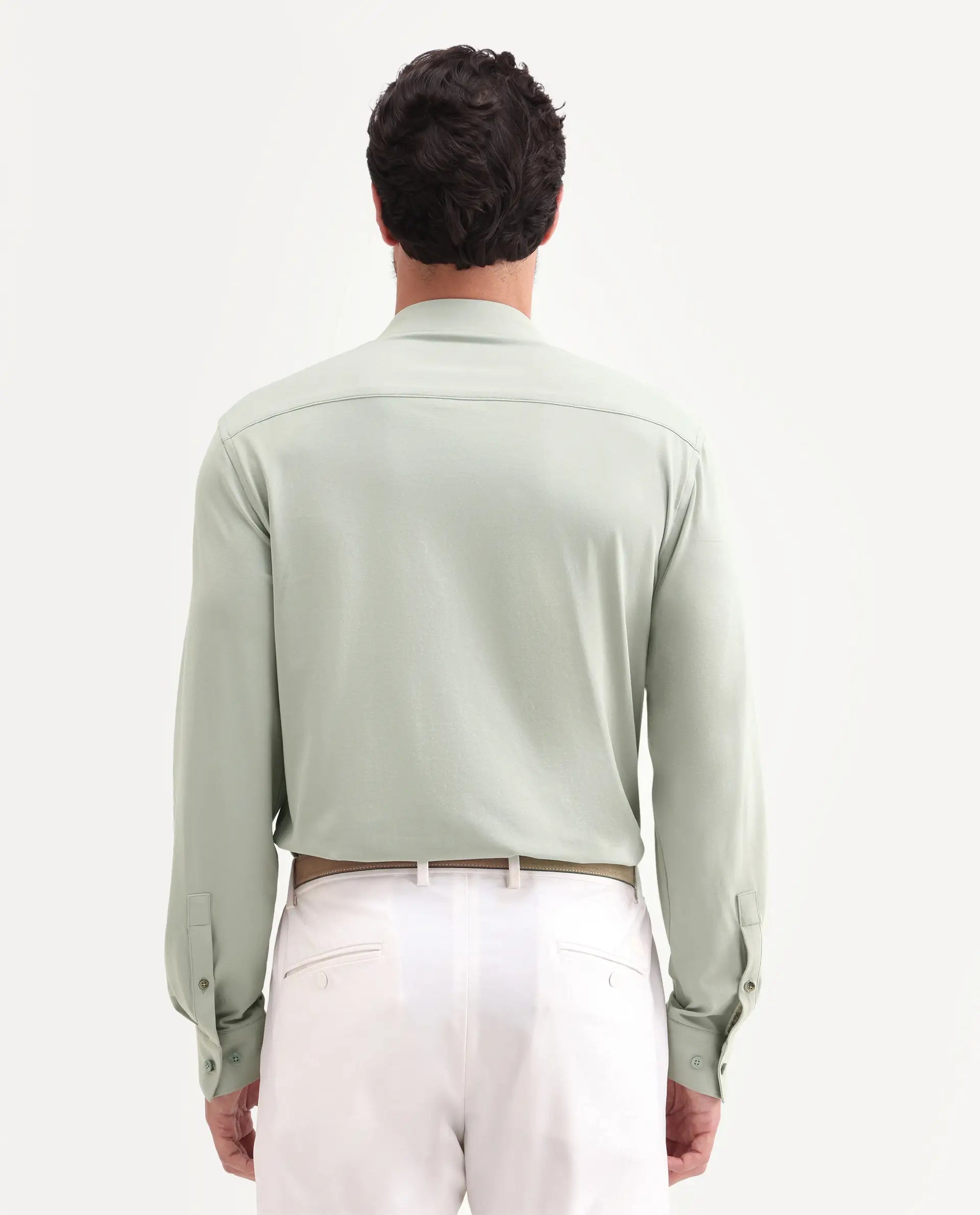 Rare Rabbit Men's Tour-25 Dusky Green Cotton Blend Plain Regular Fit Full Sleeve Collared Shirt