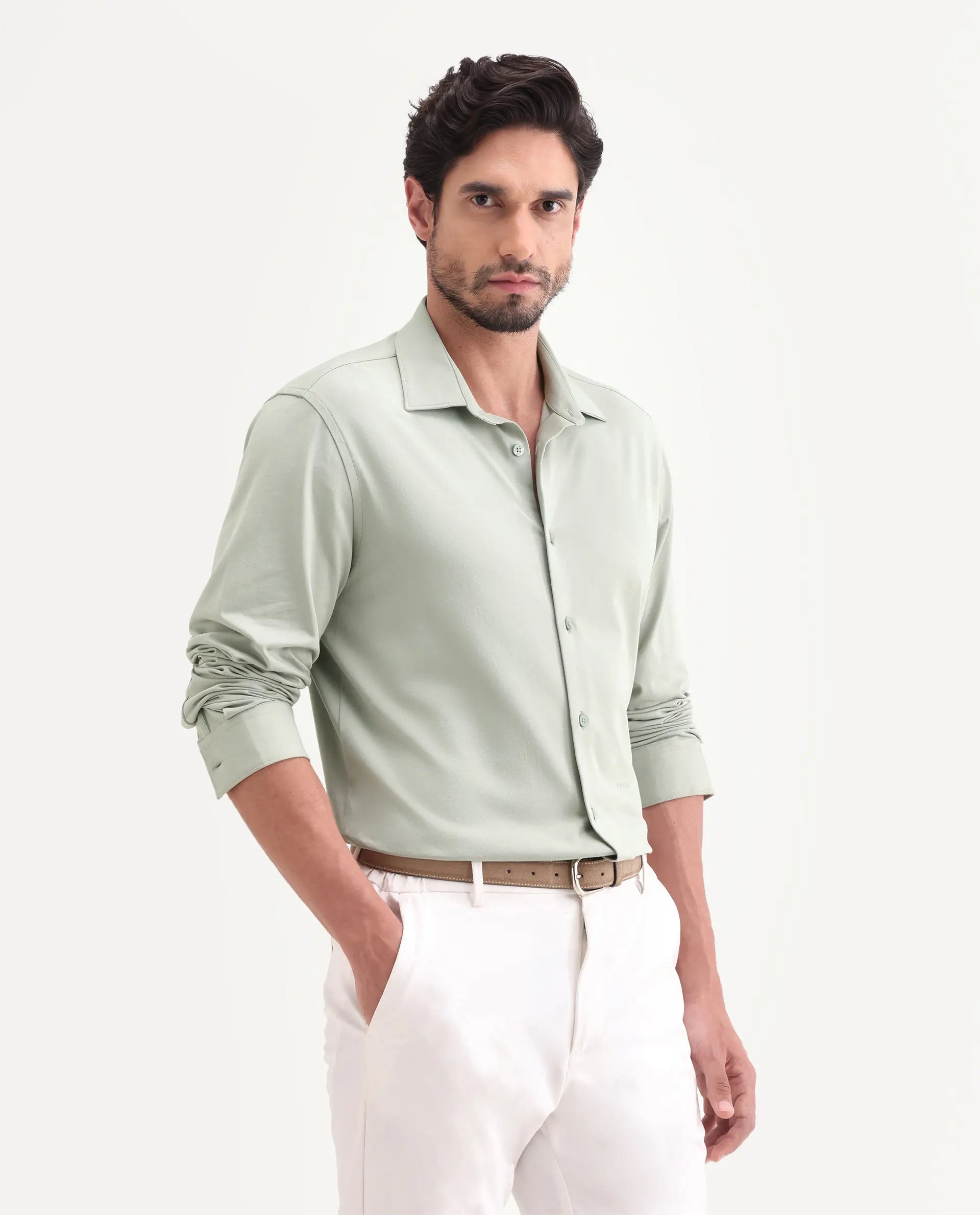 Rare Rabbit Men's Tour-25 Dusky Green Cotton Blend Plain Regular Fit Full Sleeve Collared Shirt