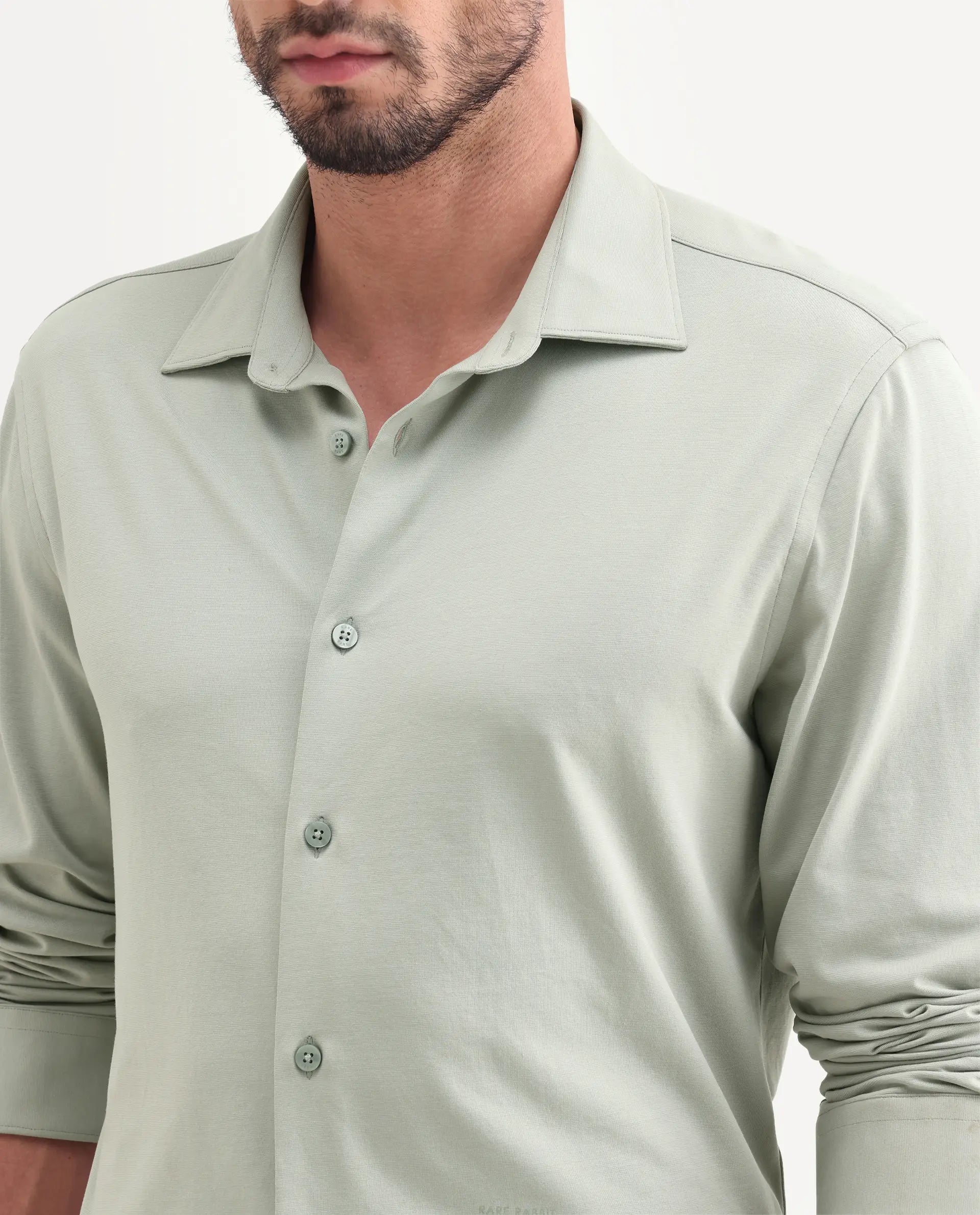 Rare Rabbit Men's Tour-25 Dusky Green Cotton Blend Plain Regular Fit Full Sleeve Collared Shirt