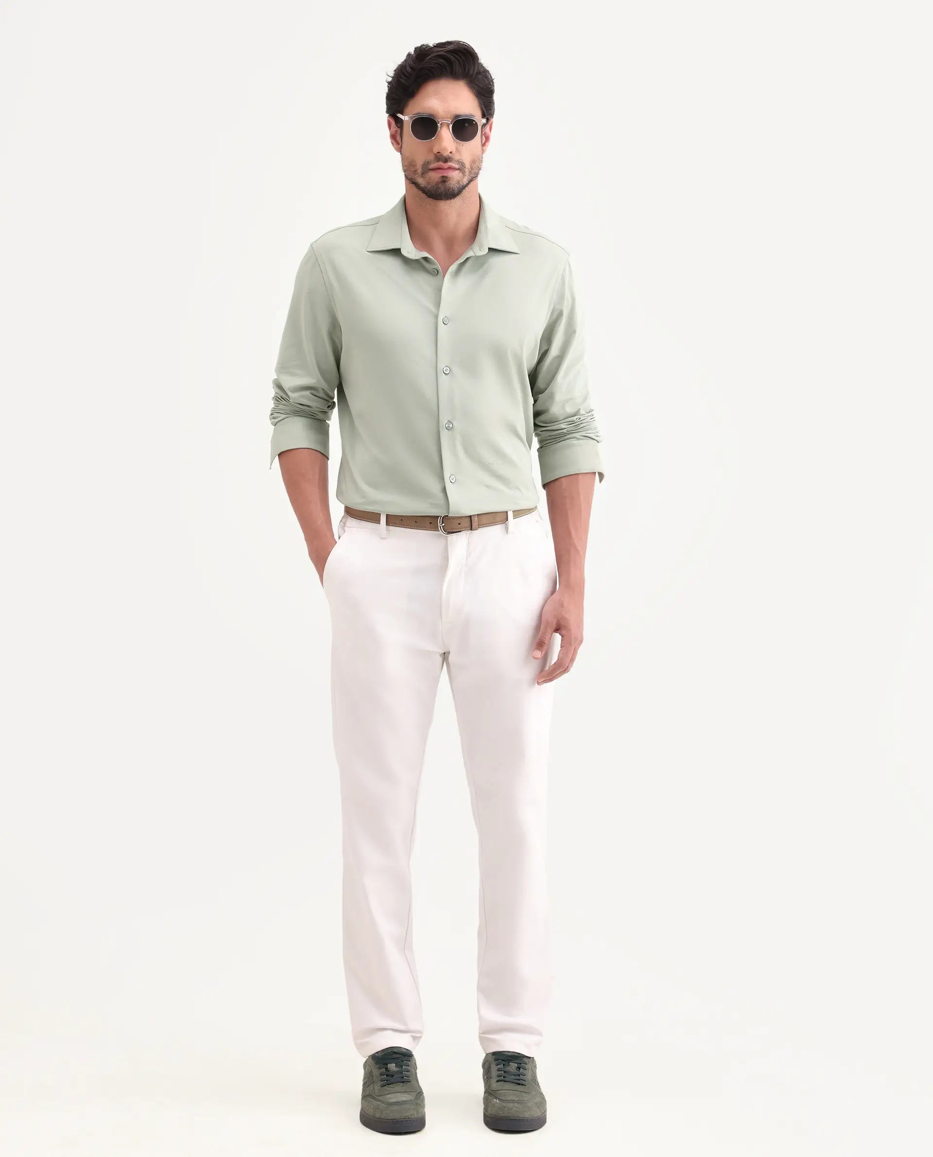 Rare Rabbit Men's Tour-25 Dusky Green Cotton Blend Plain Regular Fit Full Sleeve Collared Shirt