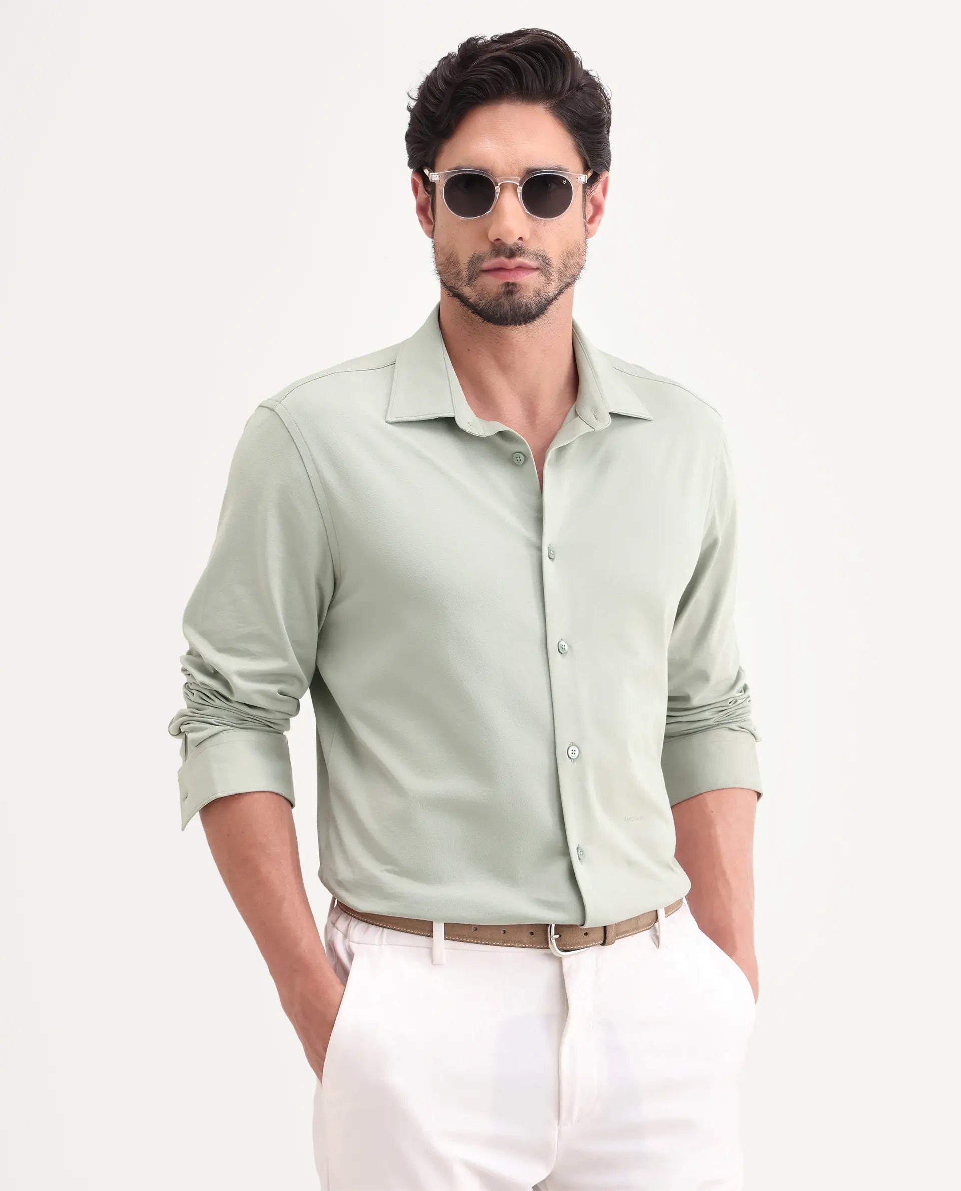 Rare Rabbit Men's Tour-25 Dusky Green Cotton Blend Plain Regular Fit Full Sleeve Collared Shirt