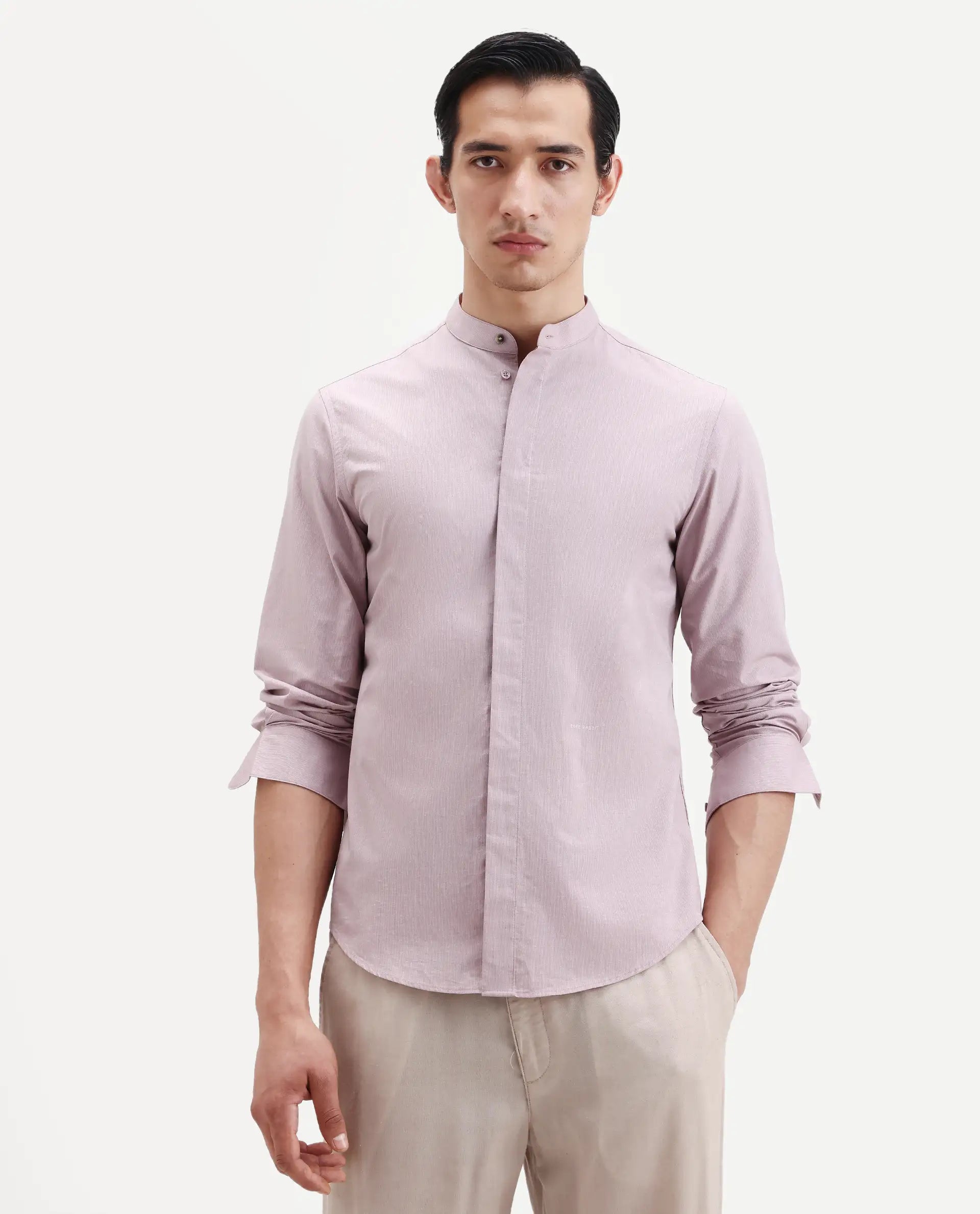 Rare Rabbit Men's Cadmi-25 Pink Cotton Blend Fabric Mandarin Collar Regular Fit Plain Shirt