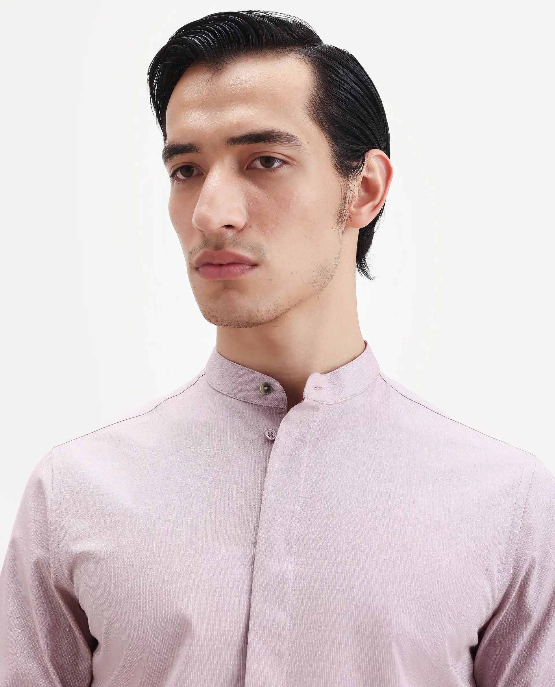 Rare Rabbit Men's Cadmi-25 Pink Cotton Blend Fabric Mandarin Collar Regular Fit Plain Shirt