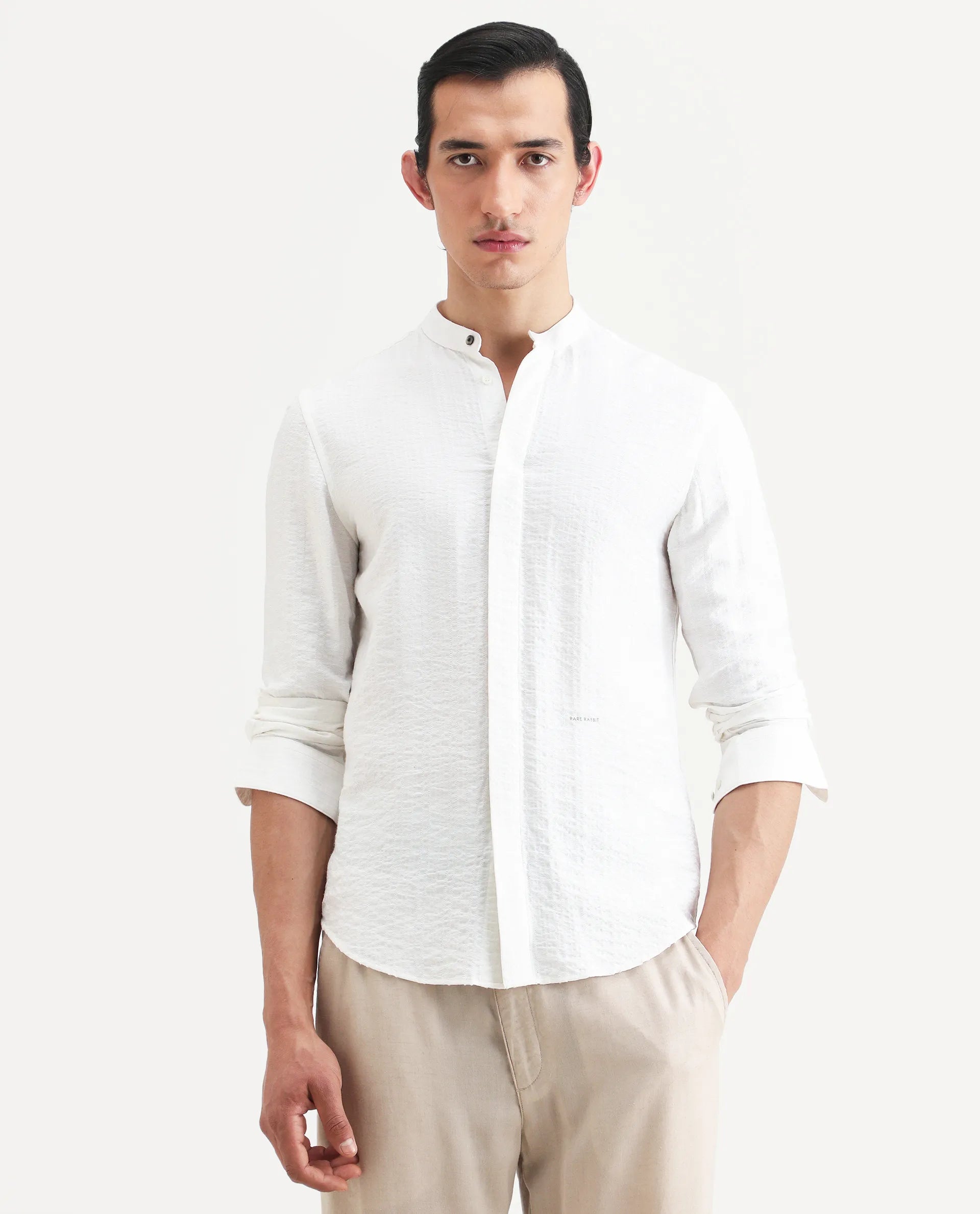 Rare Rabbit Men's Drep White Viscose Blend Striped Print Regular Fit Full Sleeve Mandarin Collar Shirt