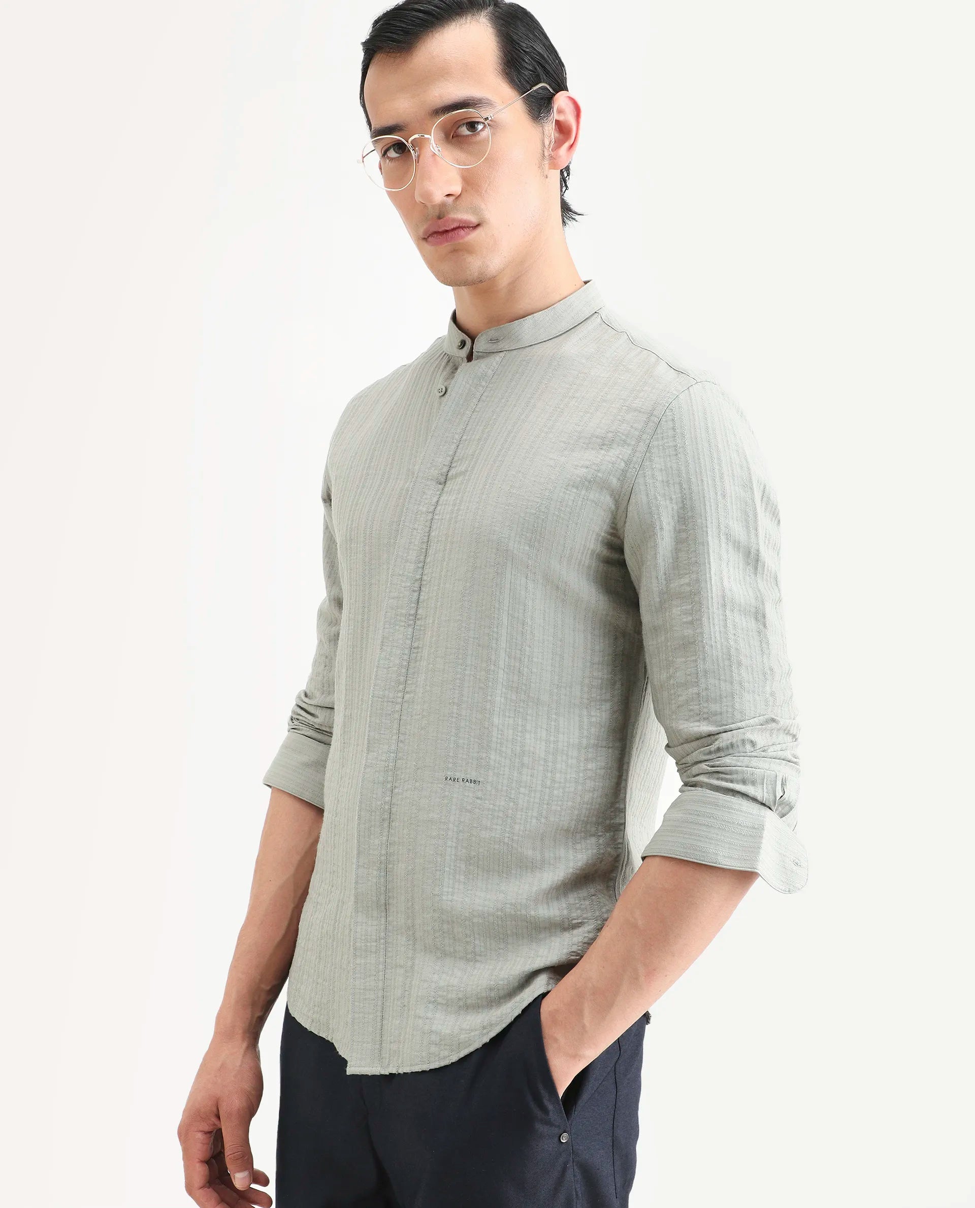 Rare Rabbit Men's Drep Dusky Green Viscose Blend Striped Print Regular Fit Full Sleeve Mandarin Collar Shirt