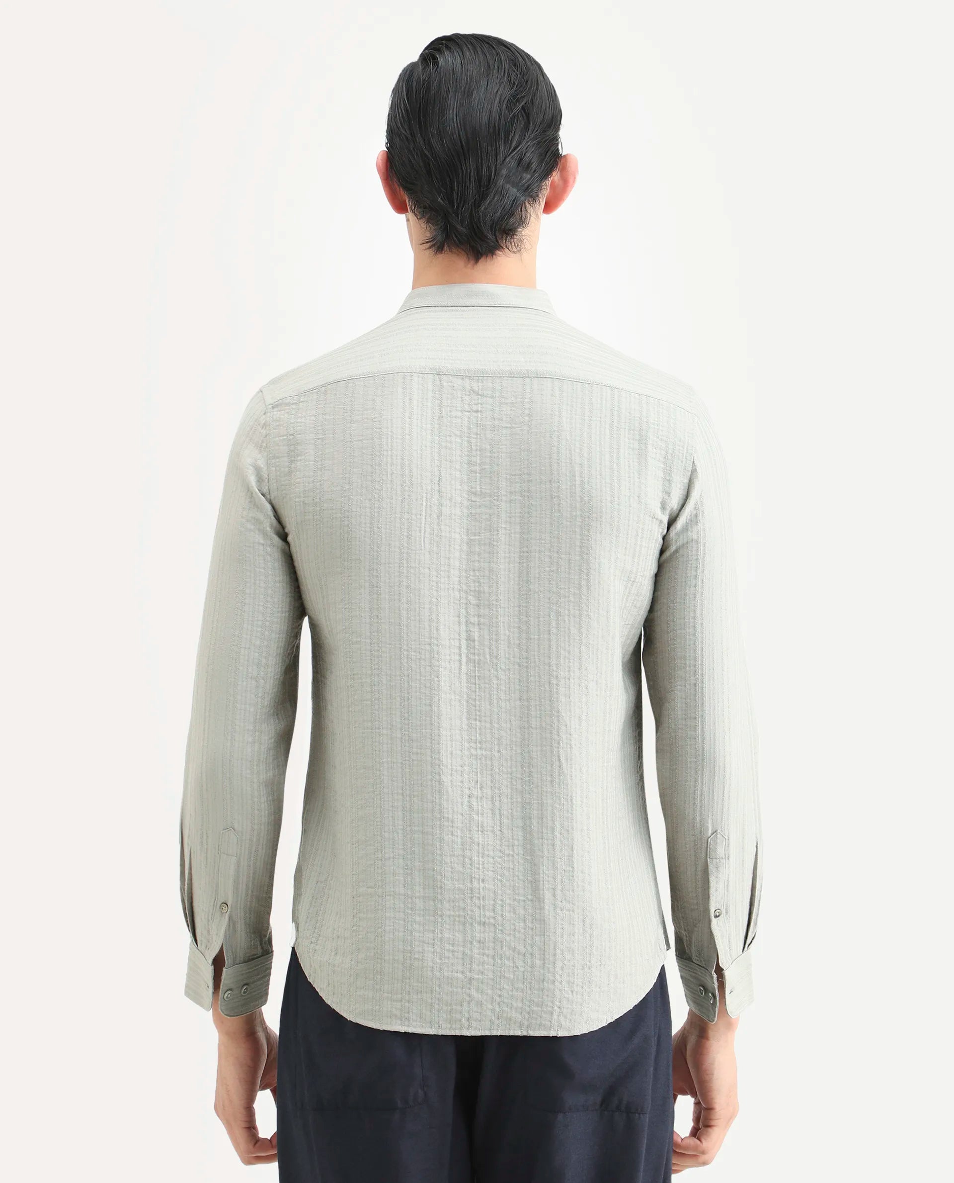 Rare Rabbit Men's Drep Dusky Green Viscose Blend Striped Print Regular Fit Full Sleeve Mandarin Collar Shirt