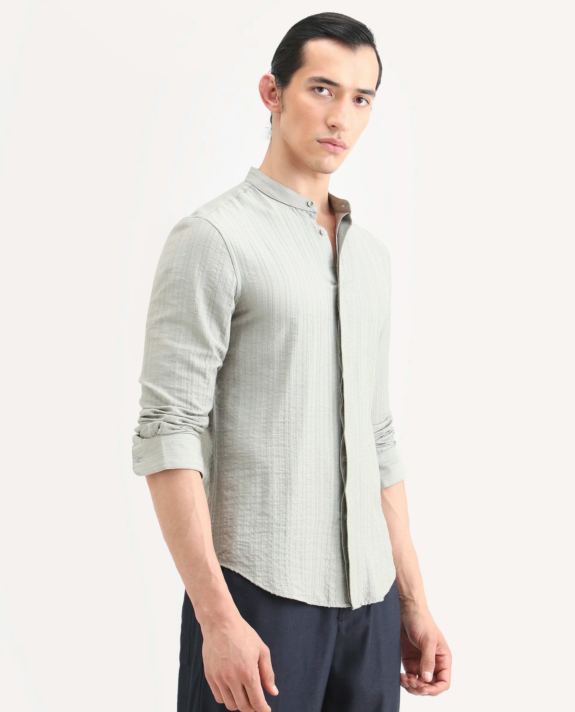 Rare Rabbit Men's Drep Dusky Green Viscose Blend Striped Print Regular Fit Full Sleeve Mandarin Collar Shirt