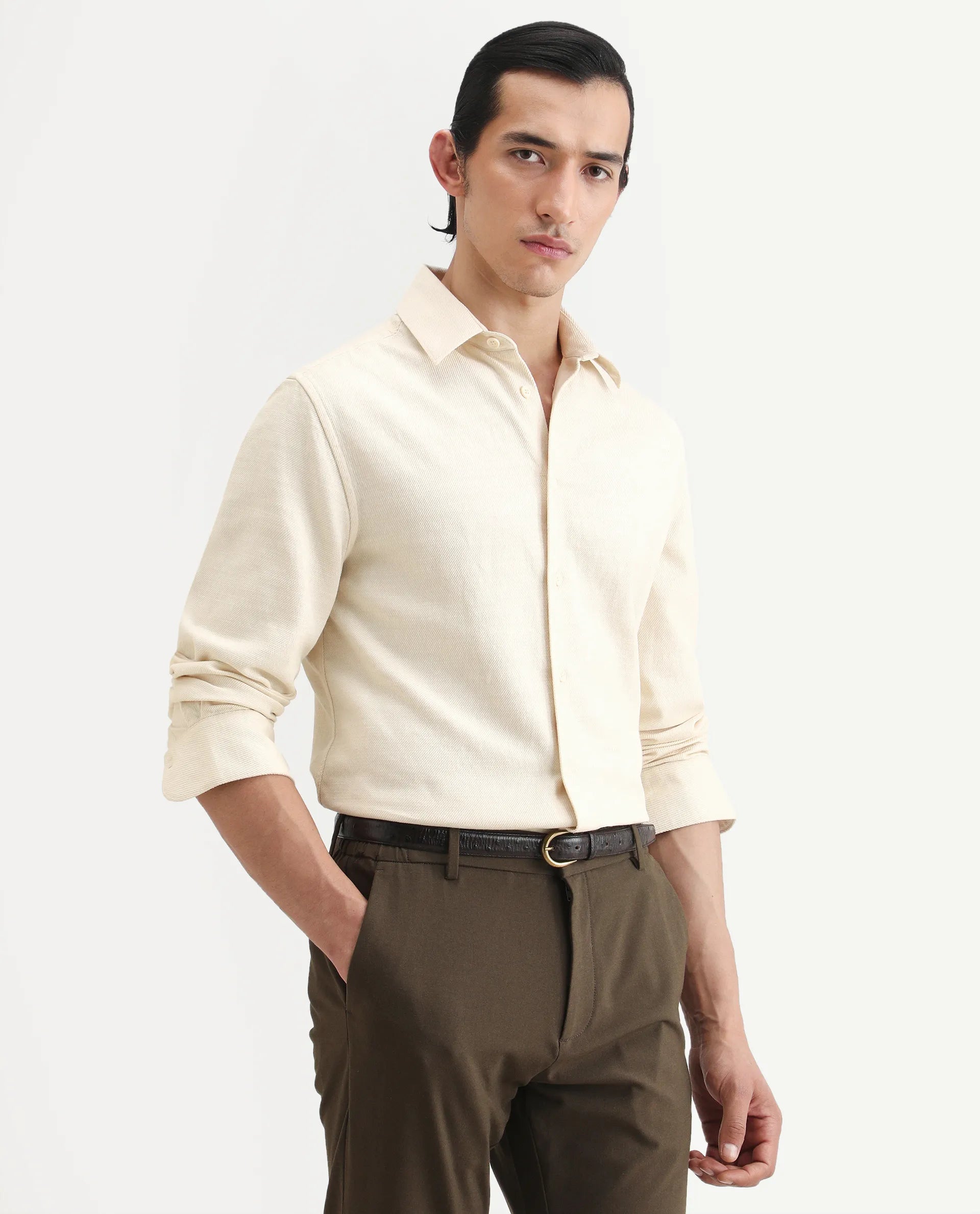 Rare Rabbit Men's Berk-Fs Off White Cotton Fabric Full Sleeve Regular Fit Plain Shirt