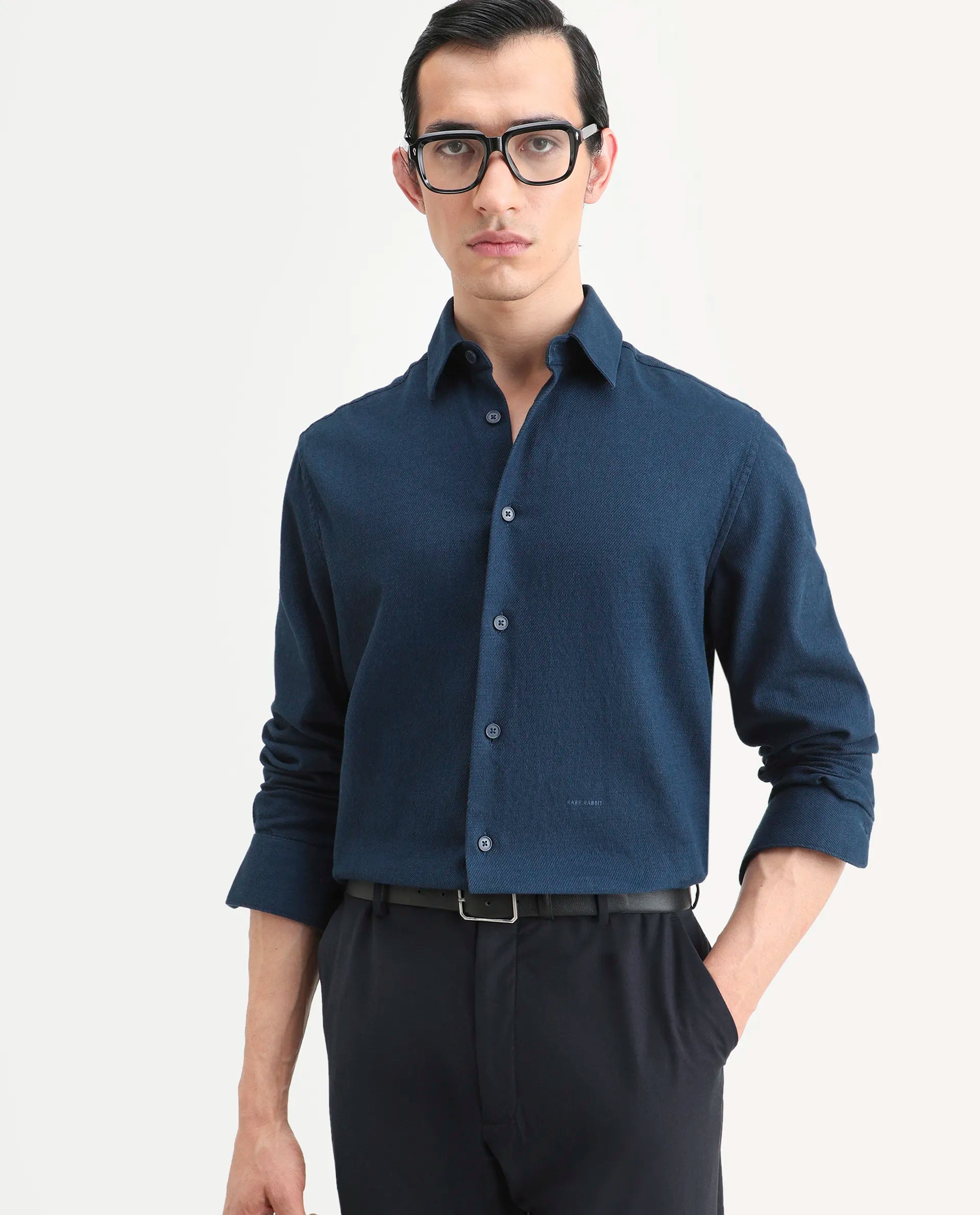 Rare Rabbit Men's Berk-Fs Navy Cotton Fabric Full Sleeve Regular Fit Plain Shirt