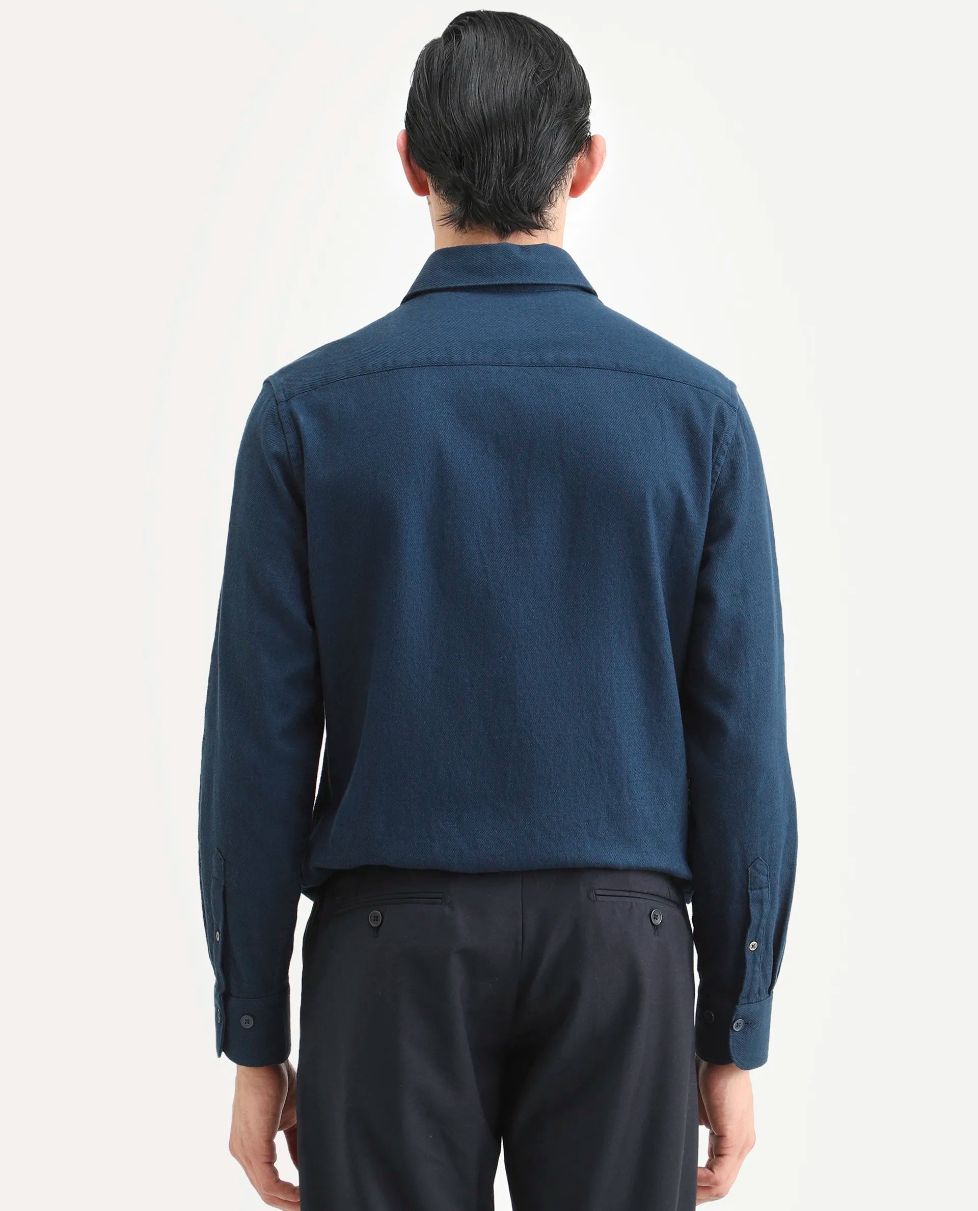 Rare Rabbit Men's Berk-Fs Navy Cotton Fabric Full Sleeve Regular Fit Plain Shirt