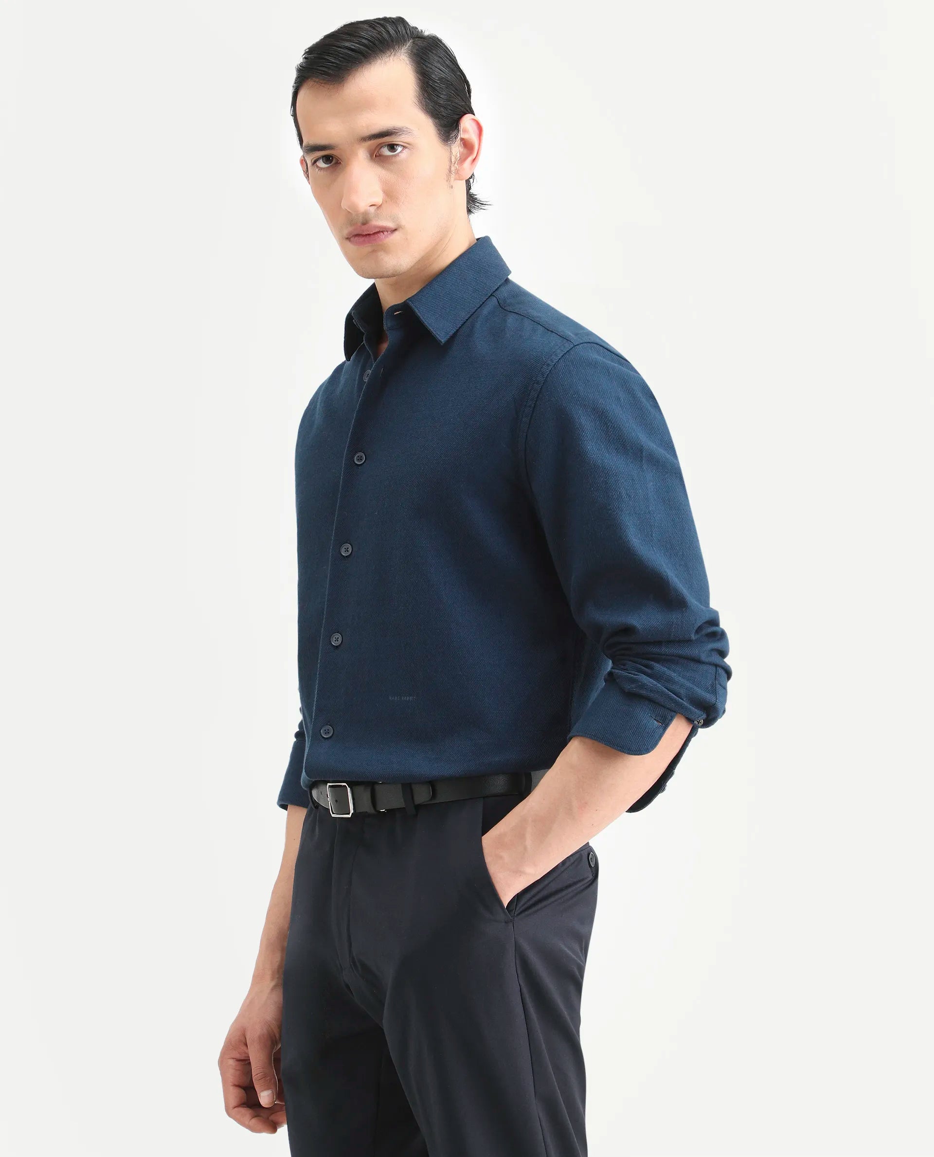 Rare Rabbit Men's Berk-Fs Navy Cotton Fabric Full Sleeve Regular Fit Plain Shirt