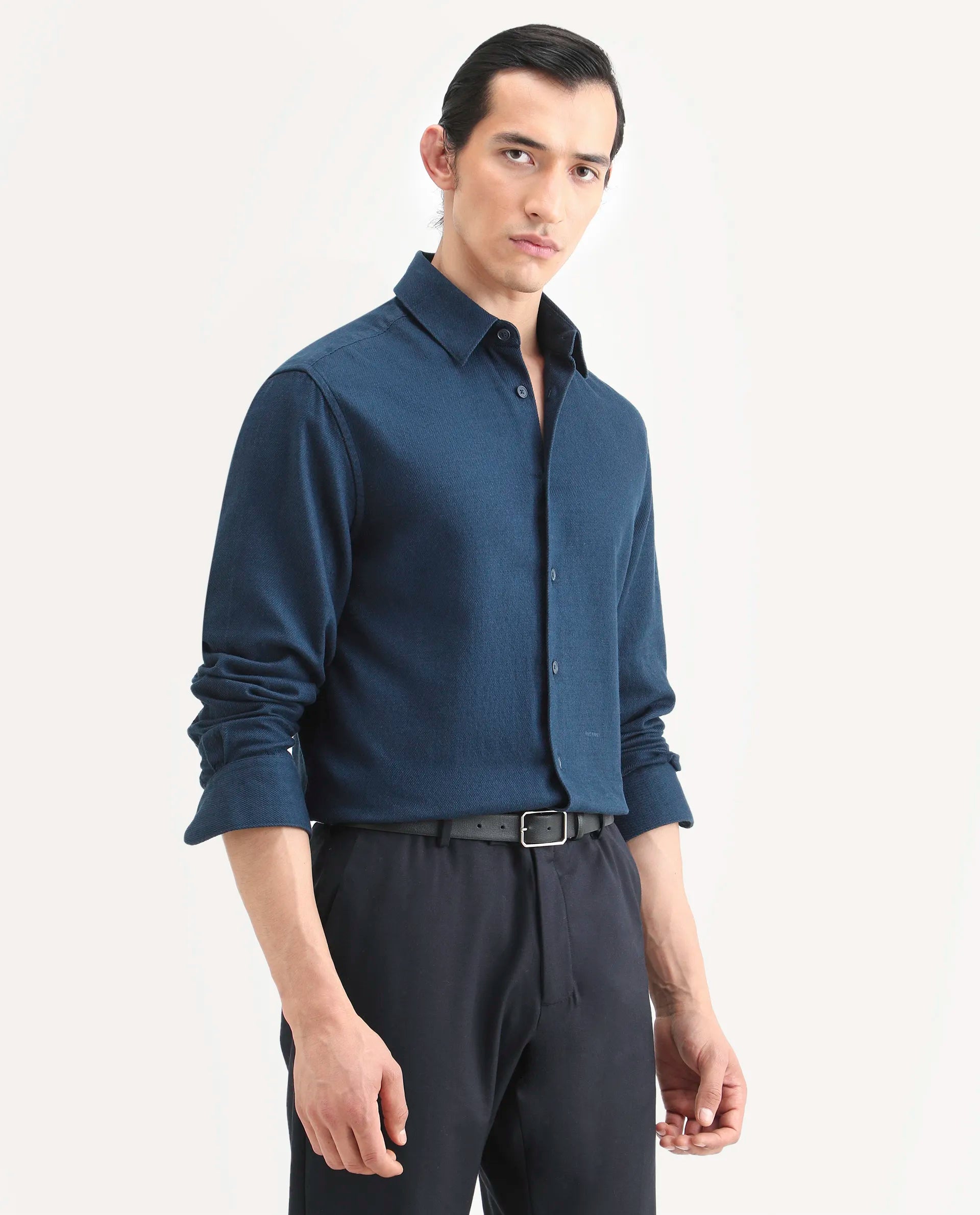 Rare Rabbit Men's Berk-Fs Navy Cotton Fabric Full Sleeve Regular Fit Plain Shirt