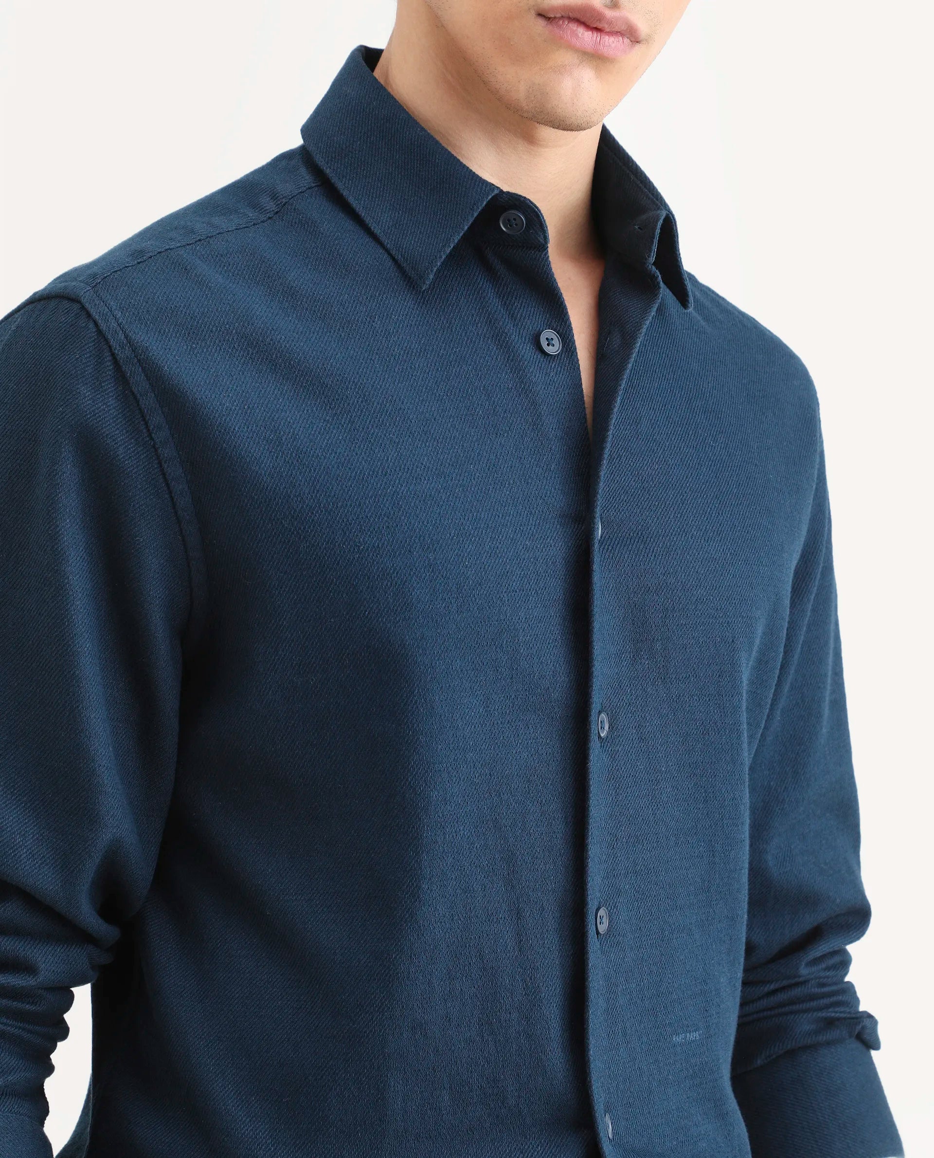 Rare Rabbit Men's Berk-Fs Navy Cotton Fabric Full Sleeve Regular Fit Plain Shirt