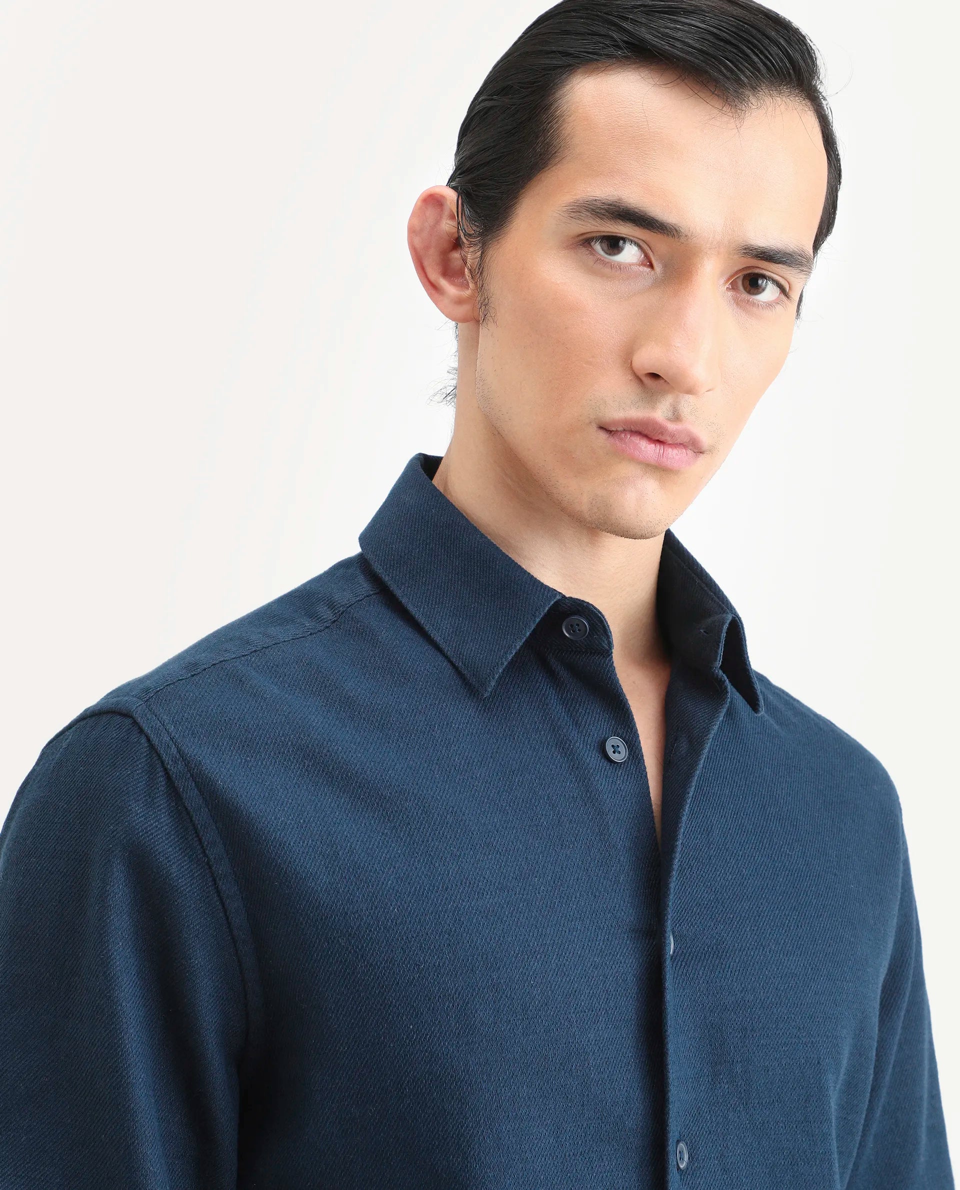 Rare Rabbit Men's Berk-Fs Navy Cotton Fabric Full Sleeve Regular Fit Plain Shirt