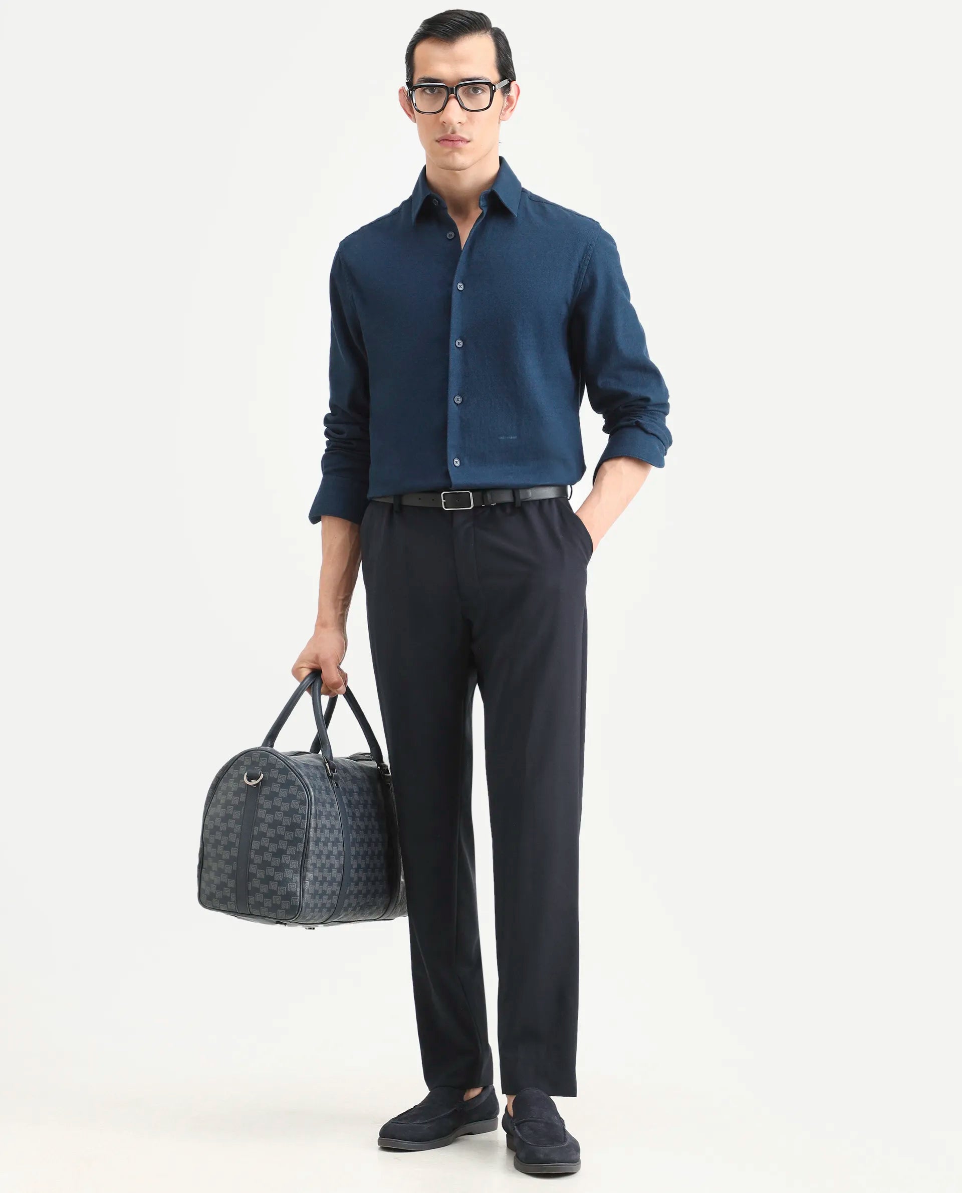 Rare Rabbit Men's Berk-Fs Navy Cotton Fabric Full Sleeve Regular Fit Plain Shirt