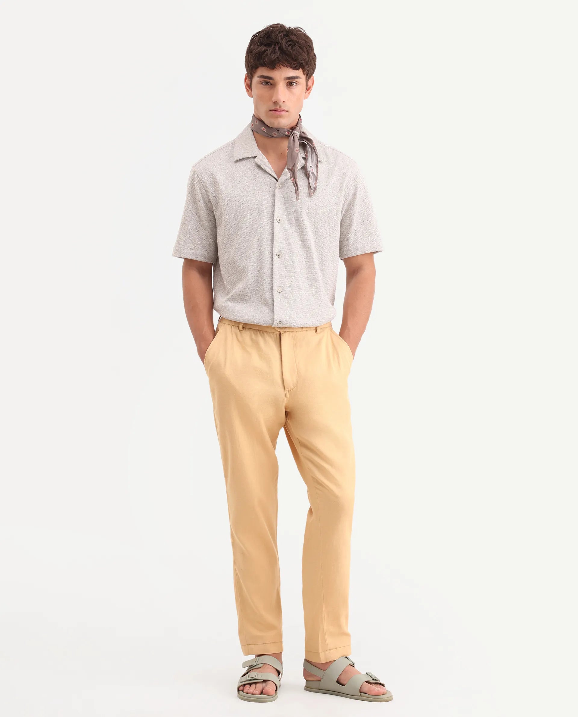 Rare Rabbit Men's Linol-T Yellow Linen Blend Fabric Regular Fit Drawstring Plain Trouser