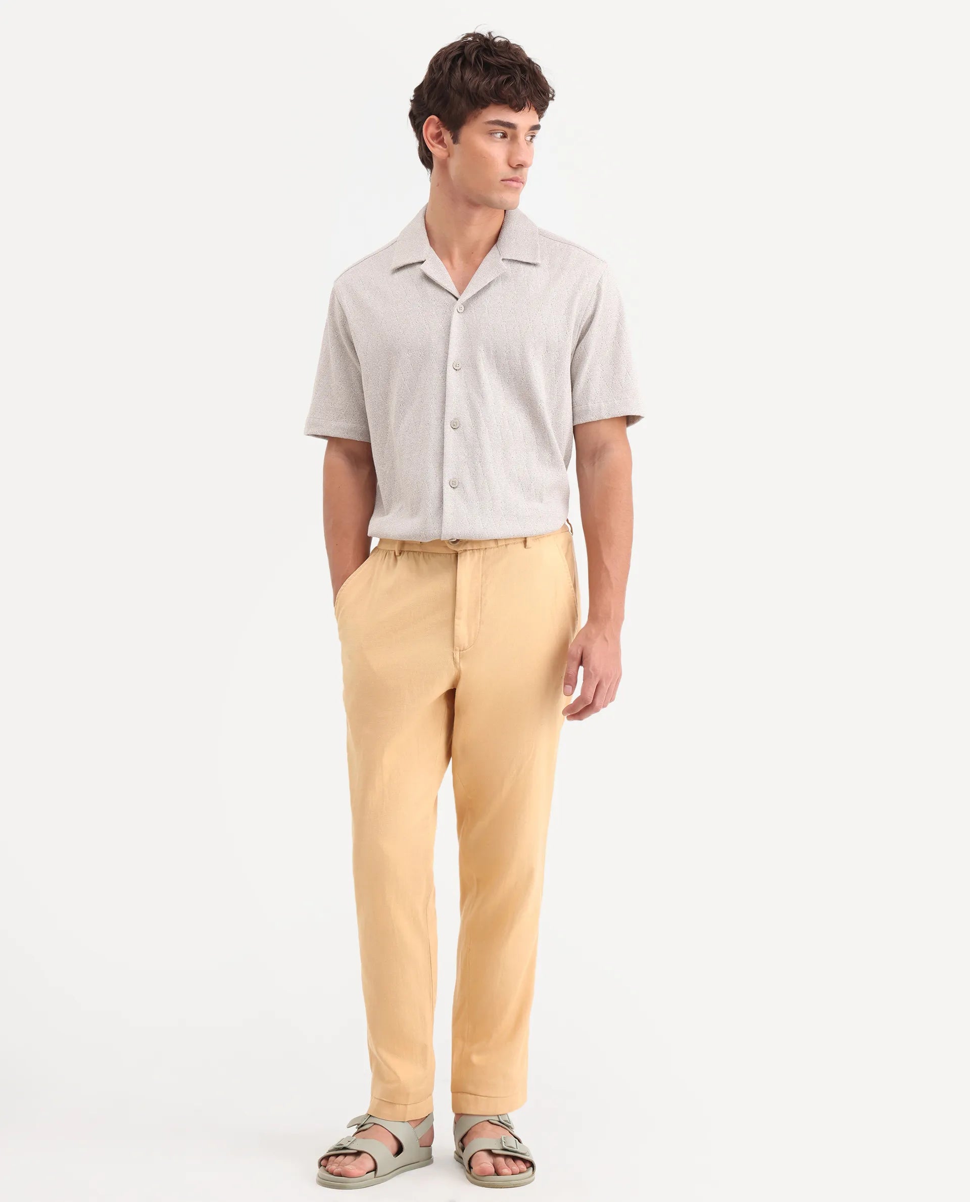 Rare Rabbit Men's Linol-T Yellow Linen Blend Fabric Regular Fit Drawstring Plain Trouser