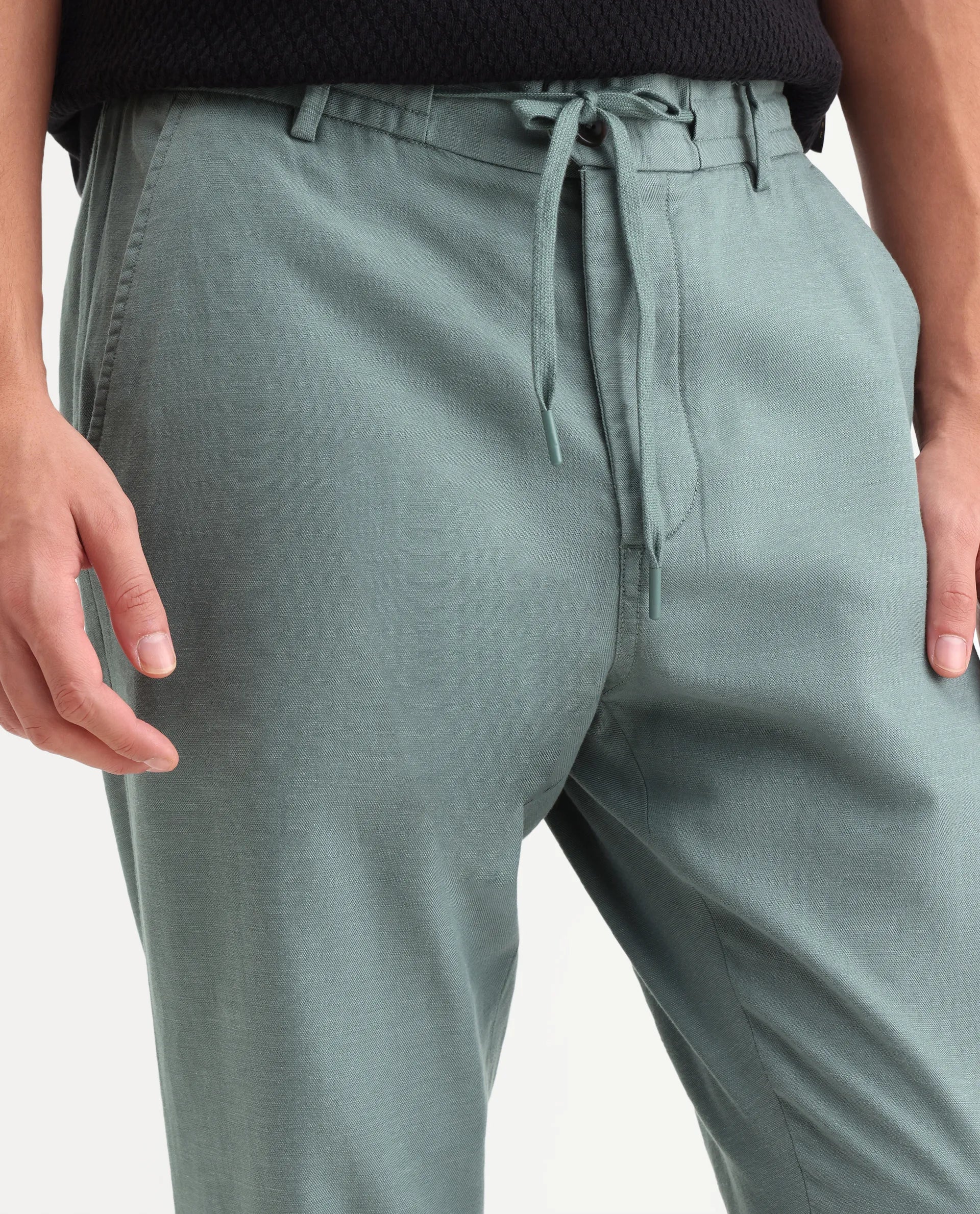 Rare Rabbit Men's Linol-T Dusky Green Linen Blend Fabric Regular Fit Drawstring Plain Trouser