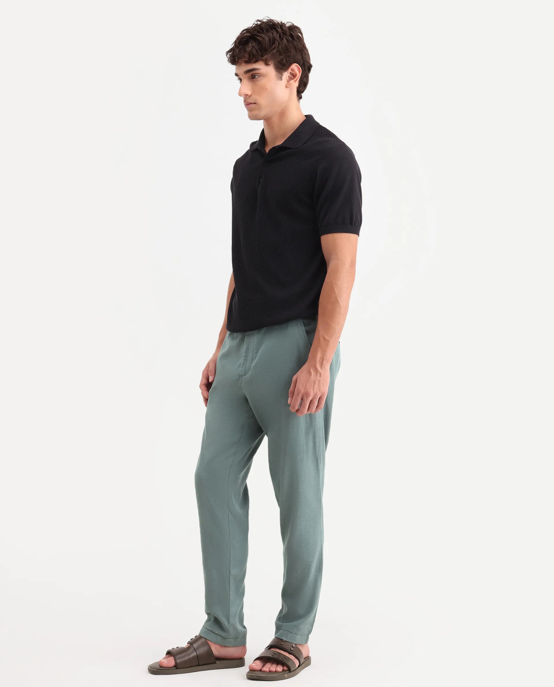 Rare Rabbit Men's Linol-T Dusky Green Linen Blend Fabric Regular Fit Drawstring Plain Trouser