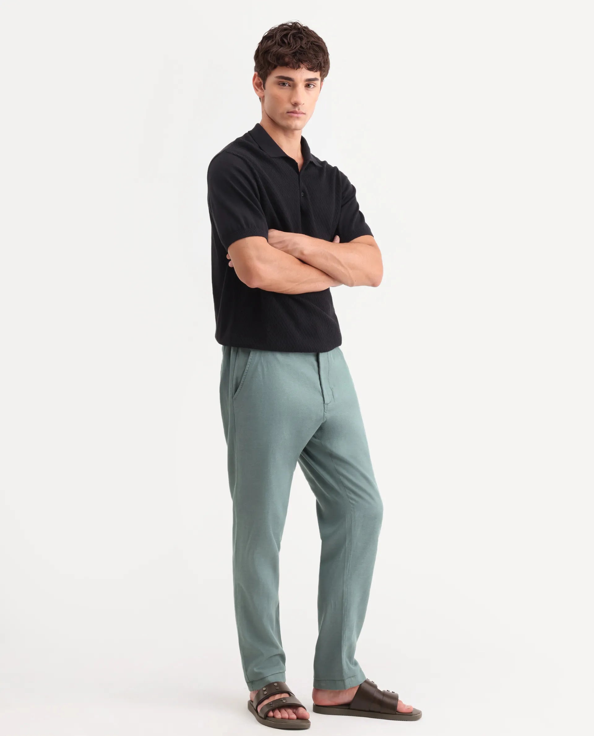 Rare Rabbit Men's Linol-T Dusky Green Linen Blend Fabric Regular Fit Drawstring Plain Trouser