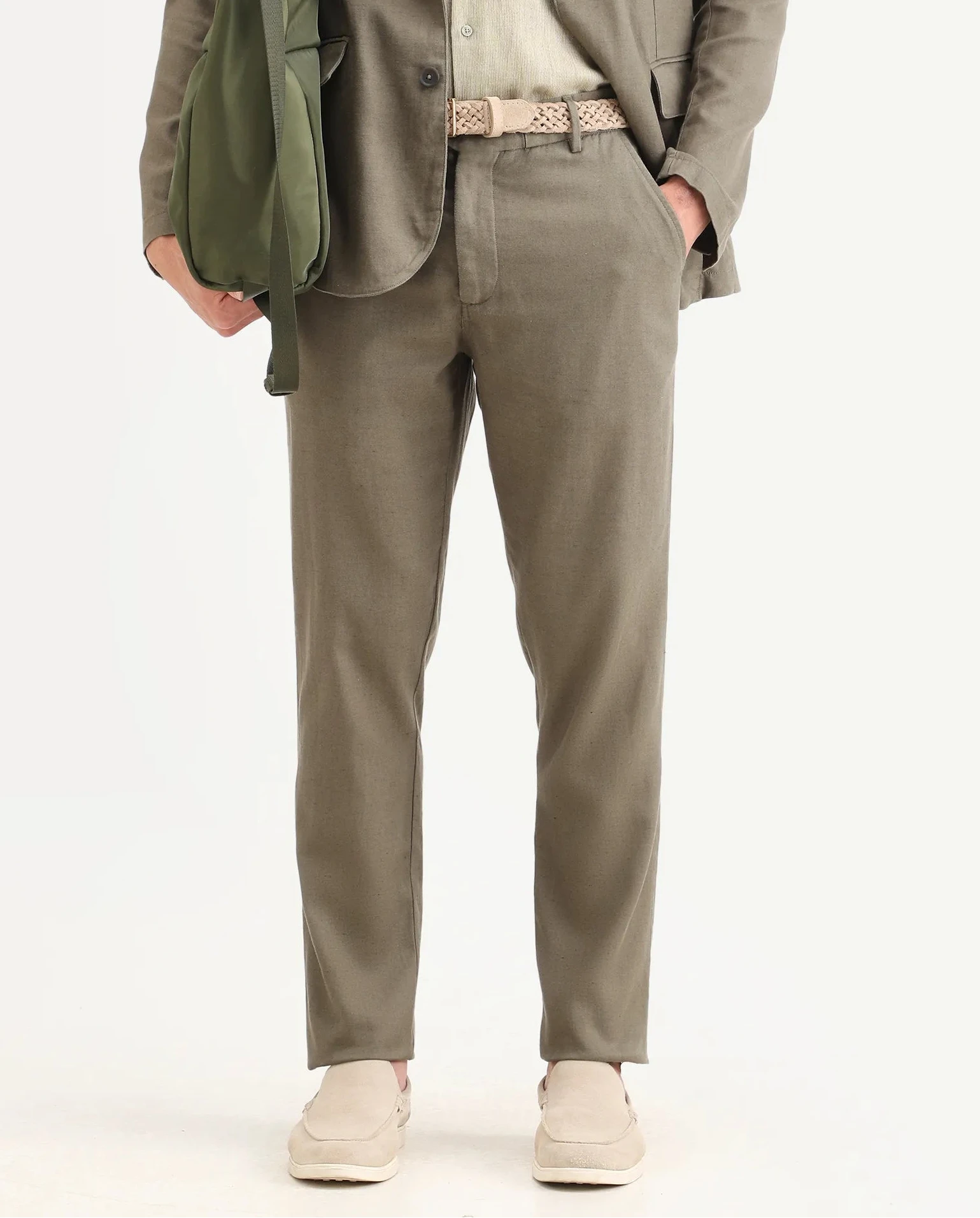 Rare Rabbit Men's Linol-T Dusky Olive Linen Blend Fabric Regular Fit Drawstring Plain Trouser