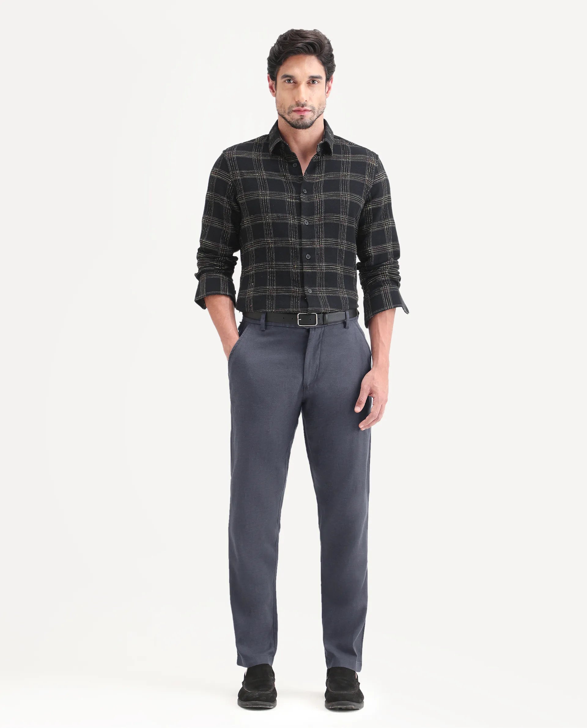 Rare Rabbit Men's Linol-T Dark Grey Linen Blend Fabric Regular Fit Drawstring Plain Trouser