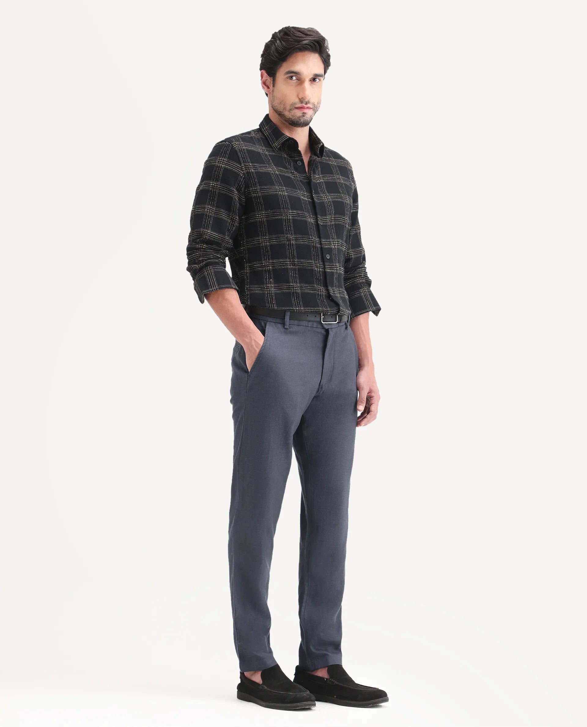 Rare Rabbit Men's Linol-T Dark Grey Linen Blend Fabric Regular Fit Drawstring Plain Trouser