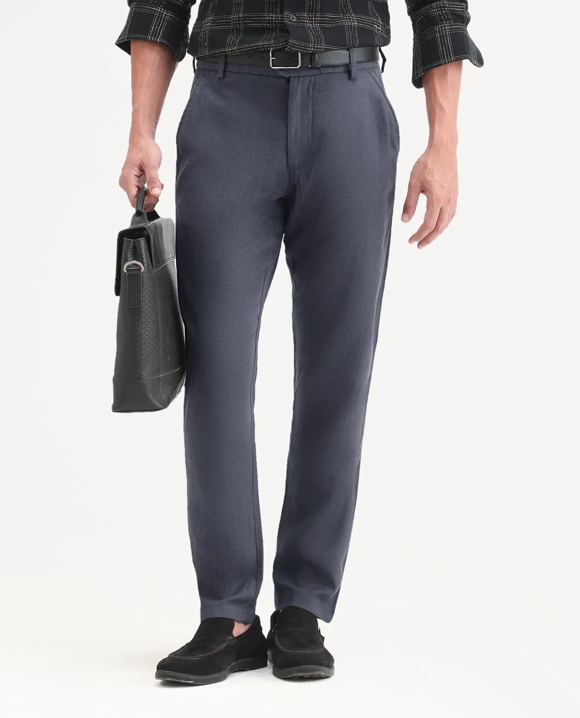 Rare Rabbit Men's Linol-T Dark Grey Linen Blend Fabric Regular Fit Drawstring Plain Trouser