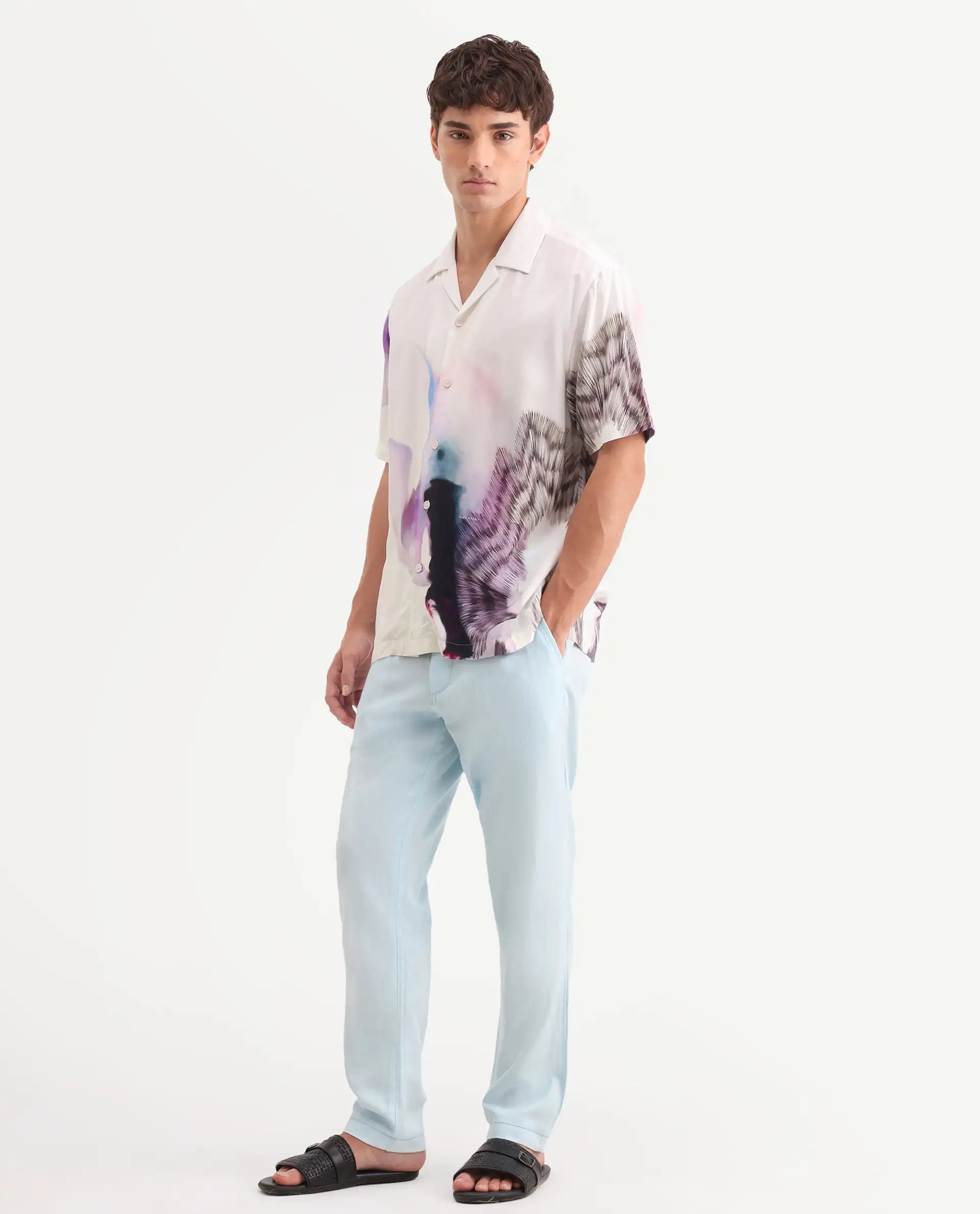 Rare Rabbit Men's Linol-T Aqua Linen Blend Fabric Regular Fit Drawstring Plain Trouser