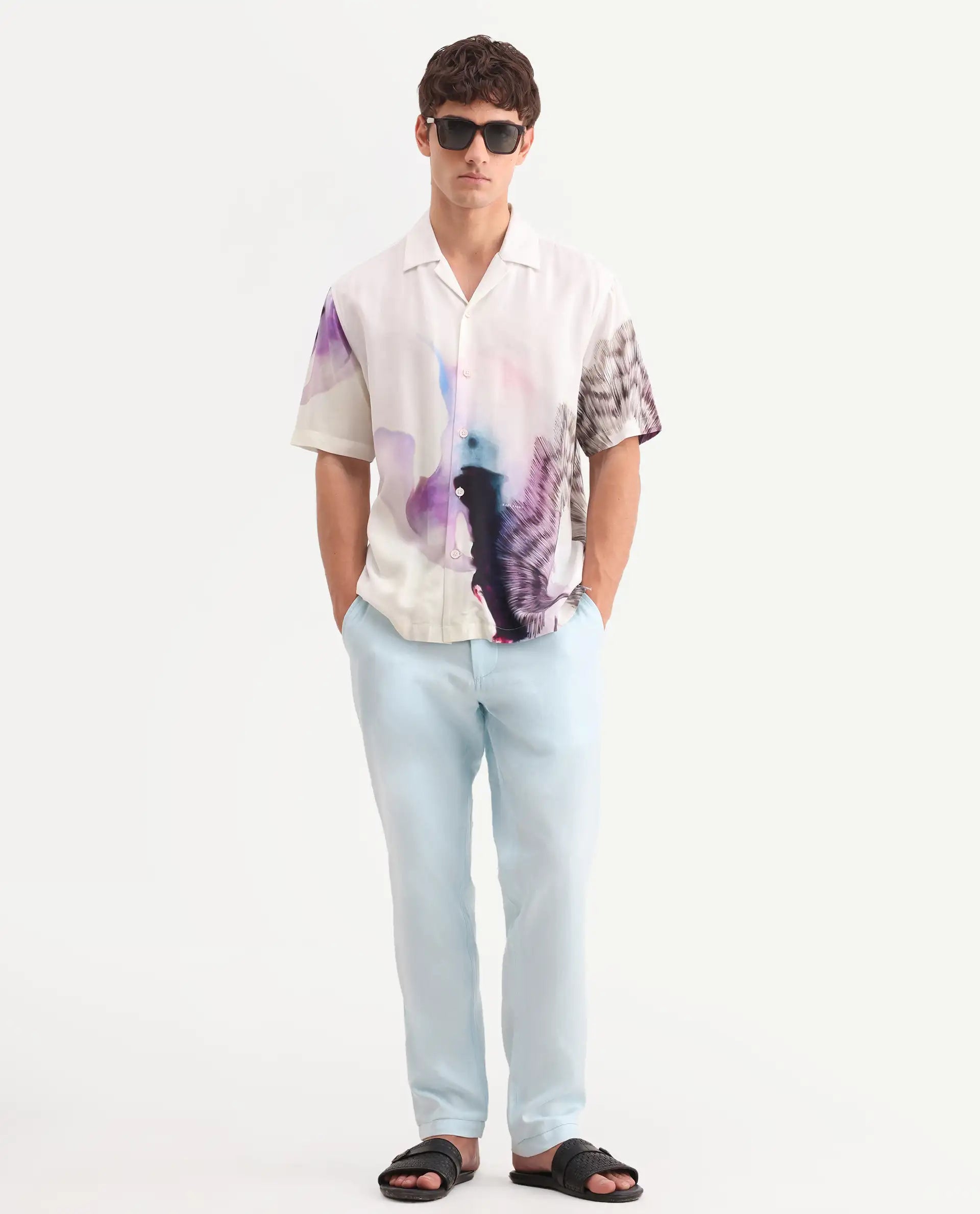 Rare Rabbit Men's Linol-T Aqua Linen Blend Fabric Regular Fit Drawstring Plain Trouser