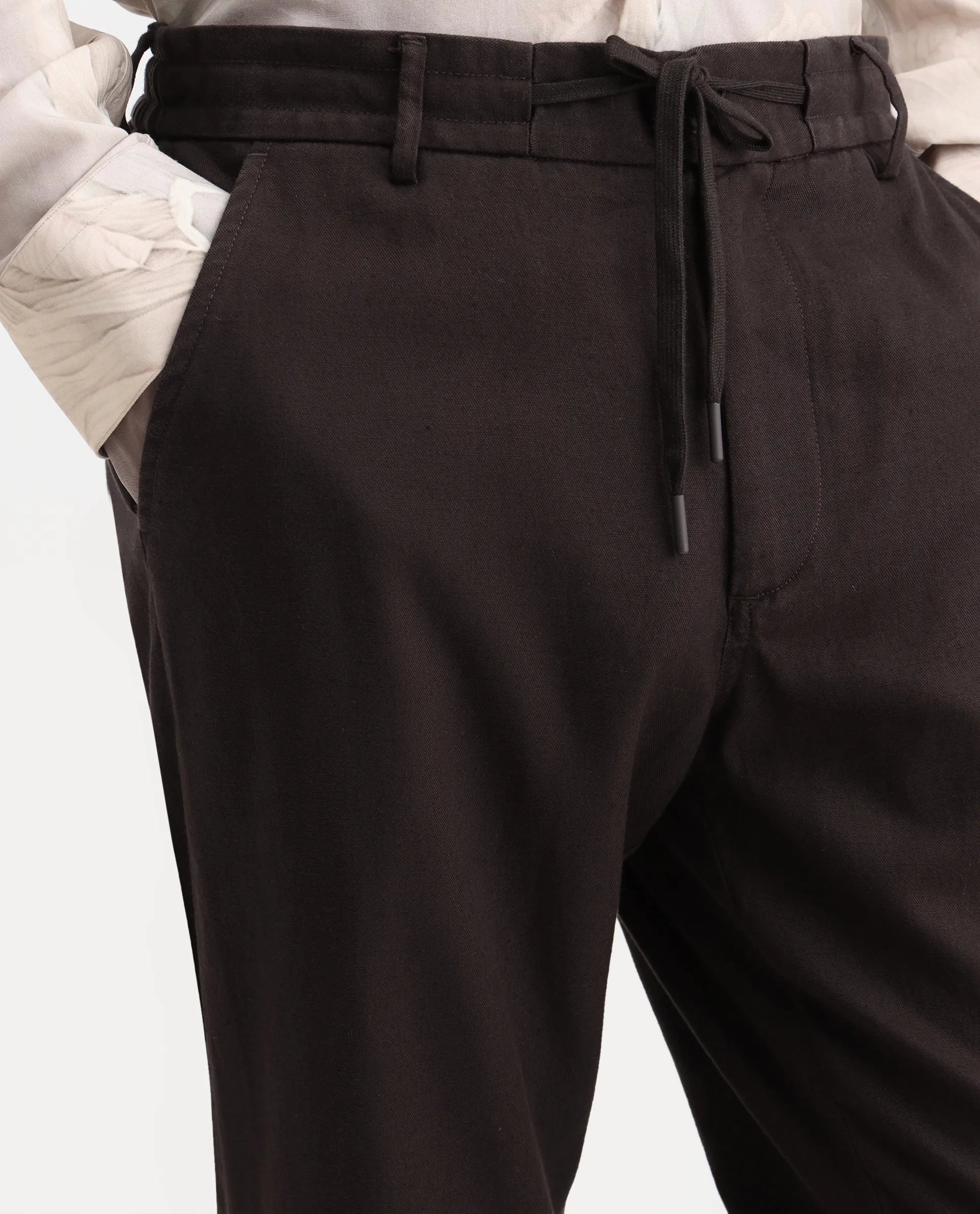 Rare Rabbit Men's Linol-T Dark Brown Linen Blend Fabric Regular Fit Drawstring Plain Trouser