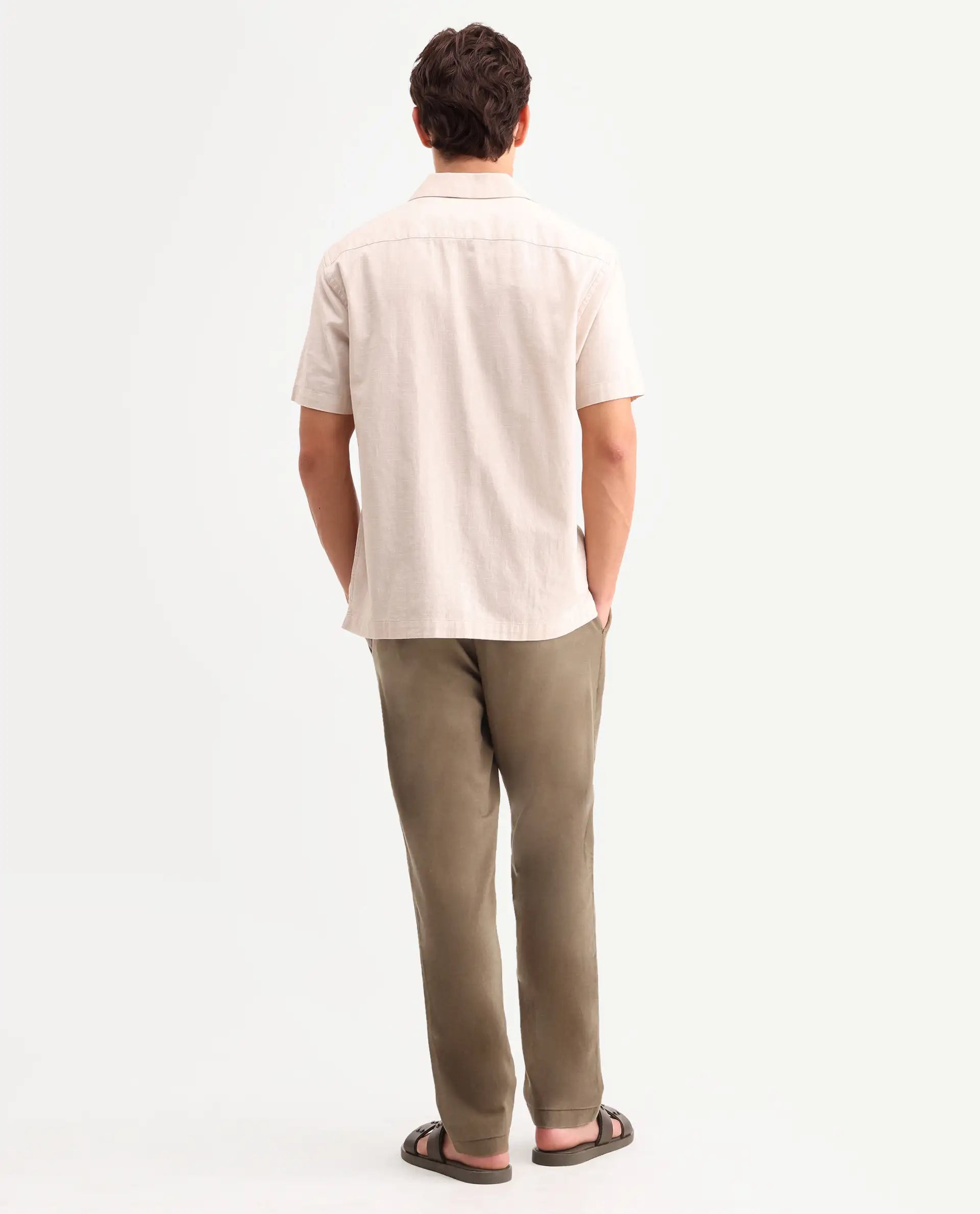 Rare Rabbit Men's Linol-T Khaki Linen Blend Fabric Regular Fit Drawstring Plain Trouser