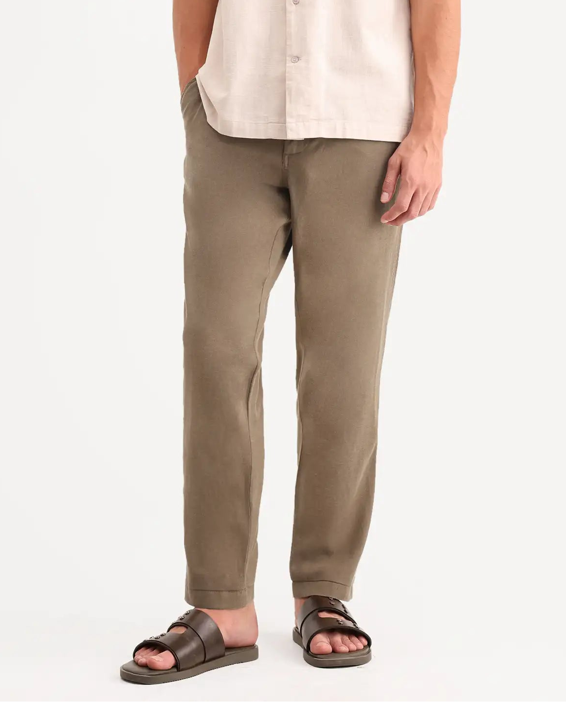 Rare Rabbit Men's Linol-T Khaki Linen Blend Fabric Regular Fit Drawstring Plain Trouser