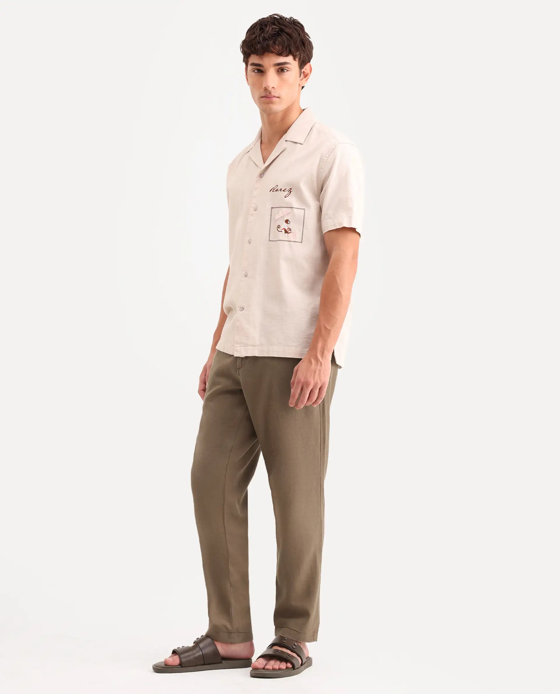 Rare Rabbit Men's Linol-T Khaki Linen Blend Fabric Regular Fit Drawstring Plain Trouser