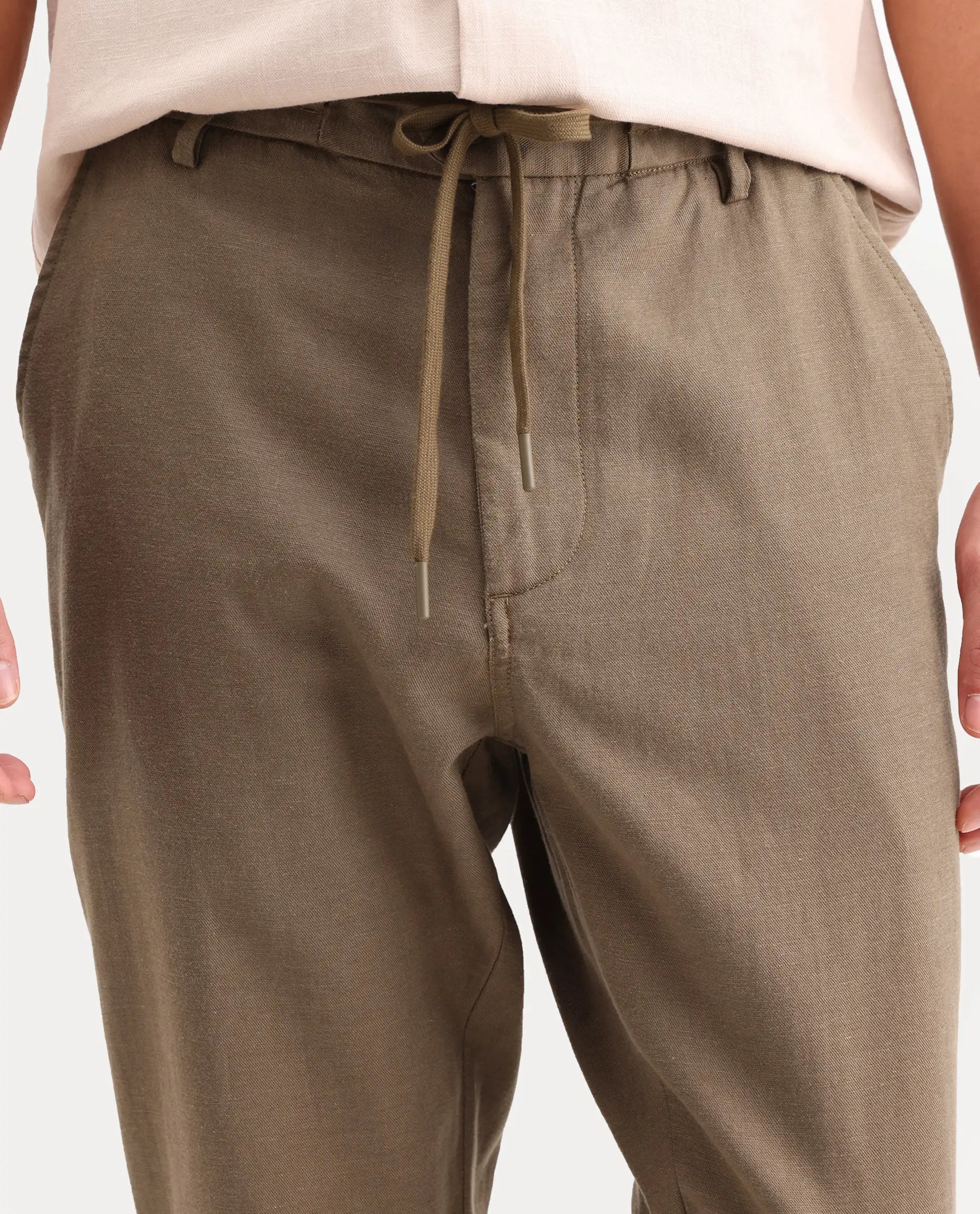 Rare Rabbit Men's Linol-T Khaki Linen Blend Fabric Regular Fit Drawstring Plain Trouser