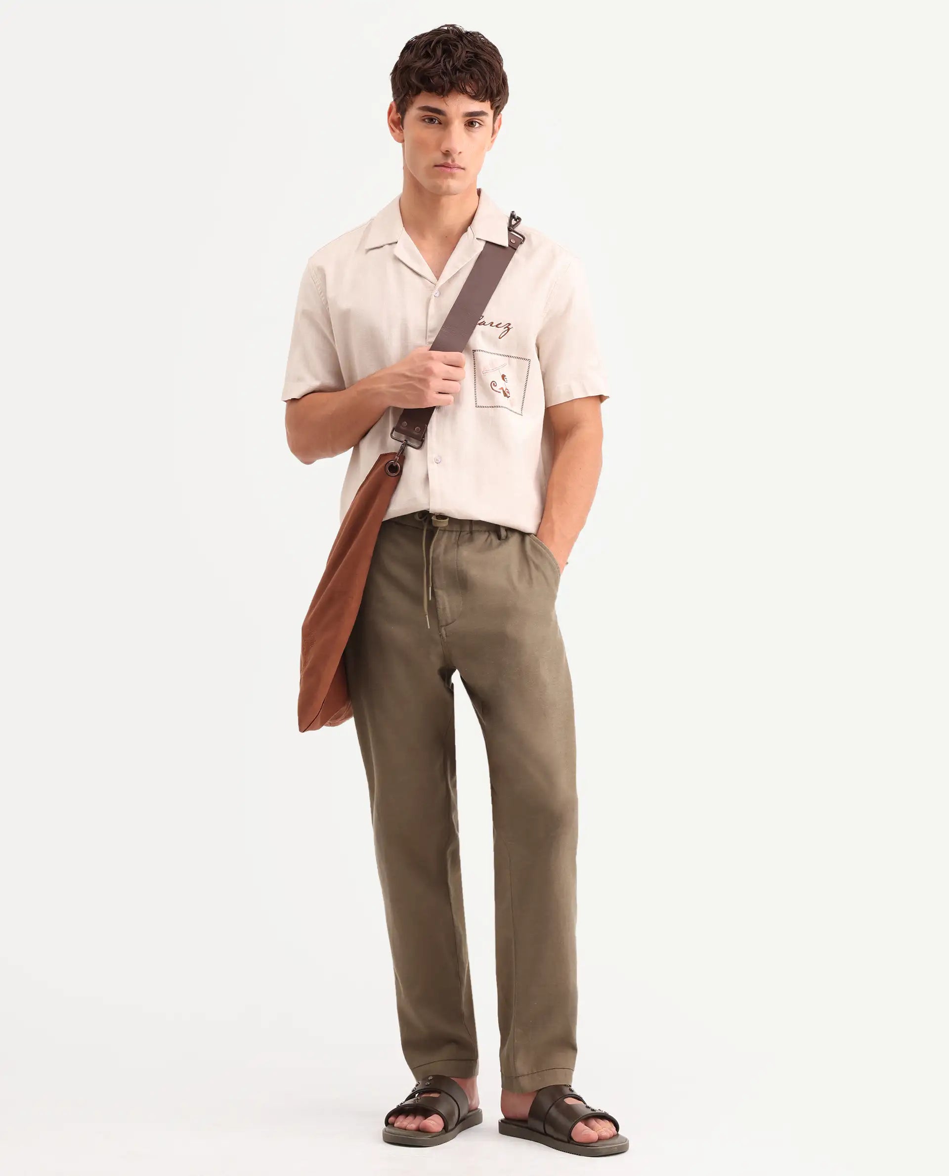 Rare Rabbit Men's Linol-T Khaki Linen Blend Fabric Regular Fit Drawstring Plain Trouser