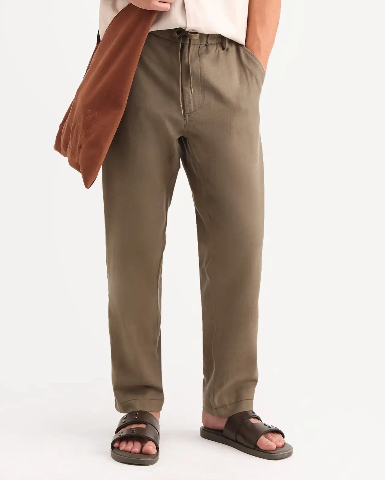 Rare Rabbit Men's Linol-T Khaki Linen Blend Fabric Regular Fit Drawstring Plain Trouser