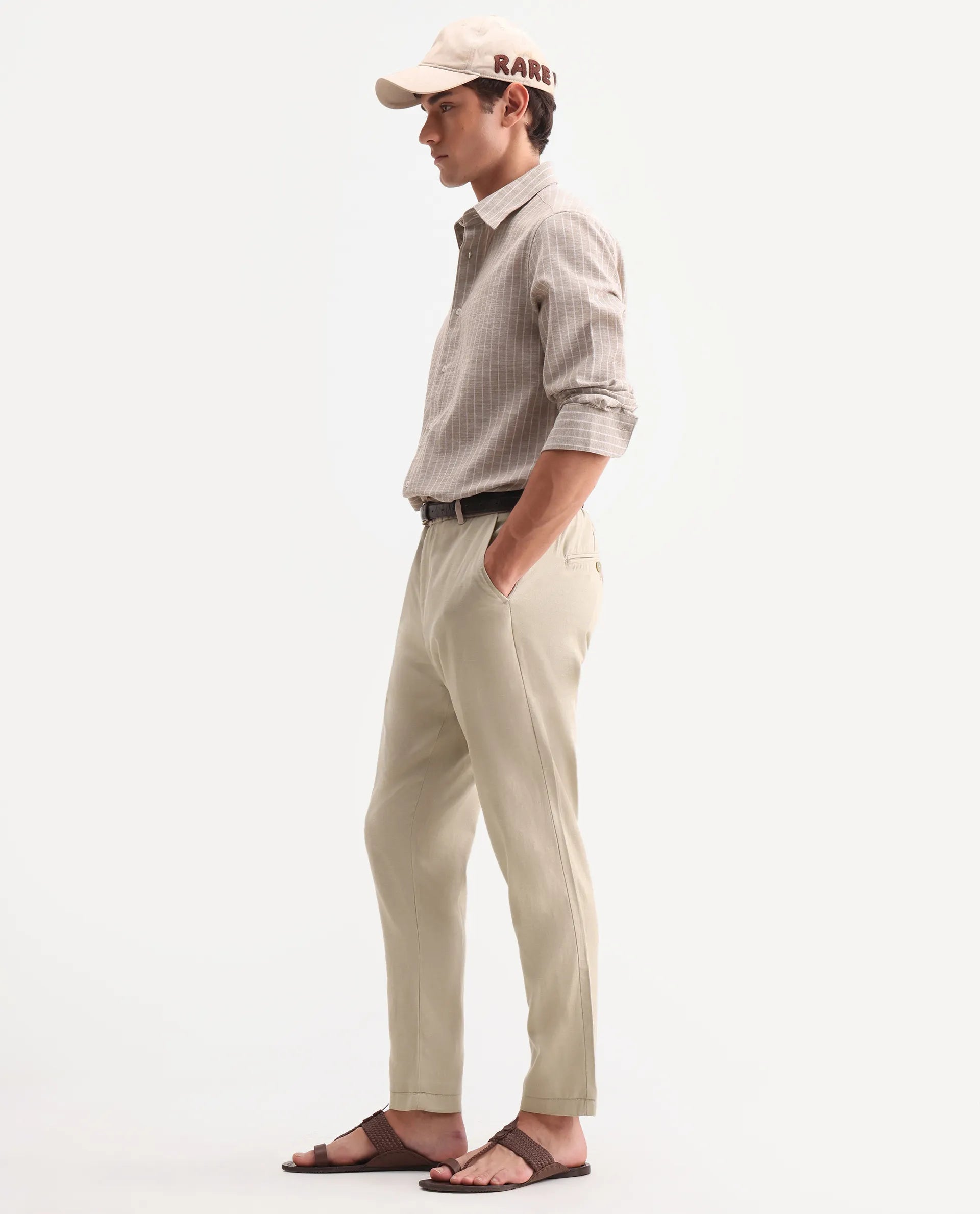 Rare Rabbit Men's Linol-T Beige Linen Blend Fabric Regular Fit Drawstring Plain Trouser