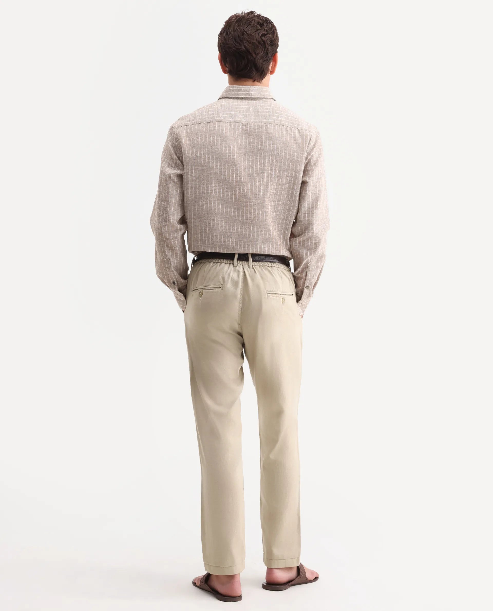 Rare Rabbit Men's Linol-T Beige Linen Blend Fabric Regular Fit Drawstring Plain Trouser