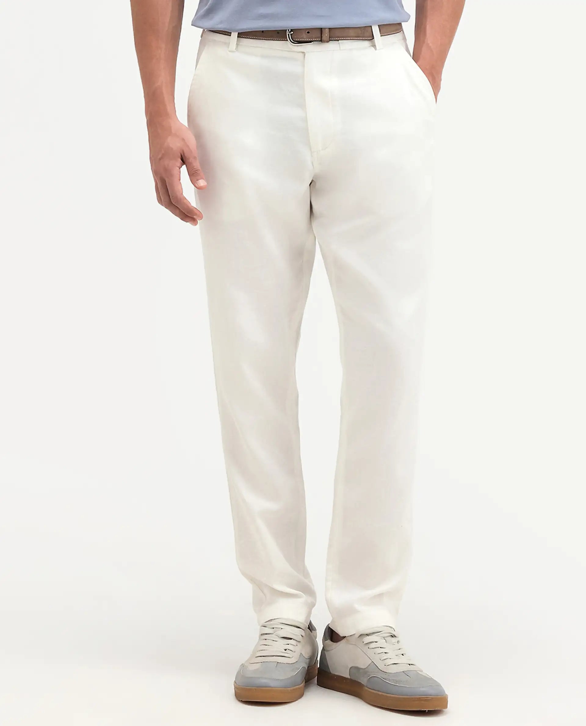 Rare Rabbit Men's Linol-T Off White Lyocell Fabric Regular Fit Drawstring Plain Trouser
