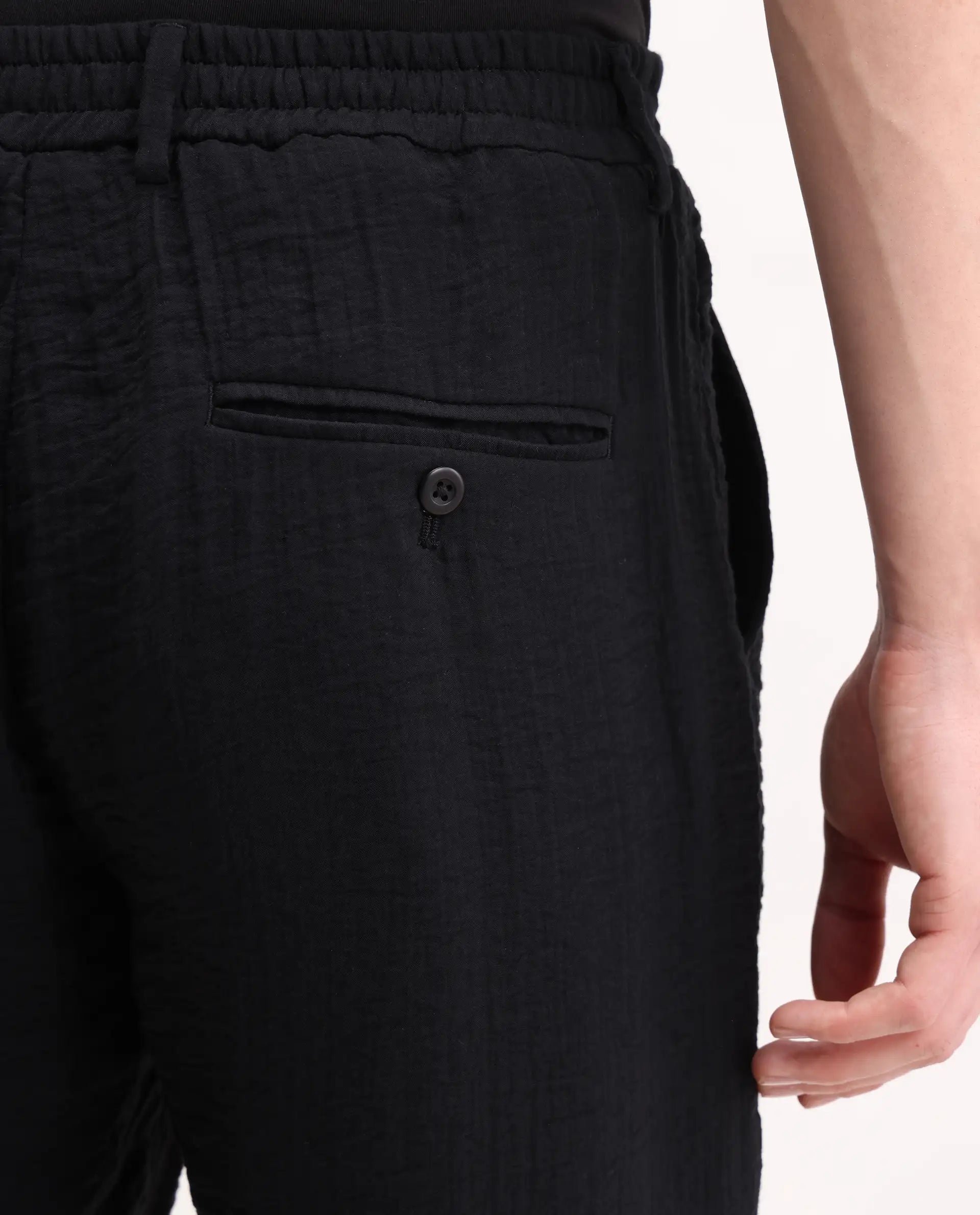 Rare Rabbit Men's Veon-T Black Viscose Blend Fabric Regular Fit Plain Trouser