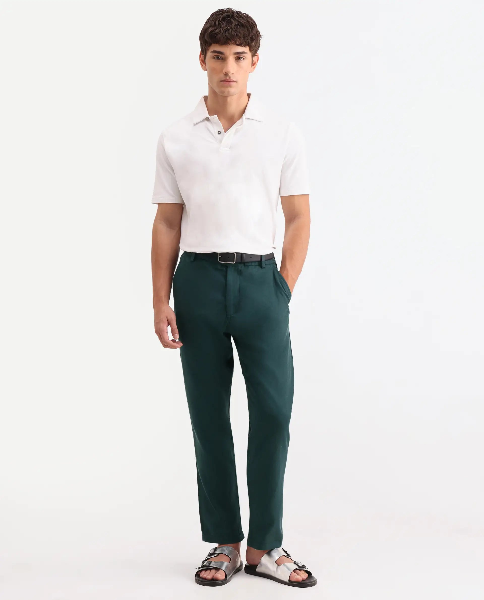 Rare Rabbit Men's Linol-T Dark Green Linen Blend Fabric Regular Fit Drawstring Plain Trouser