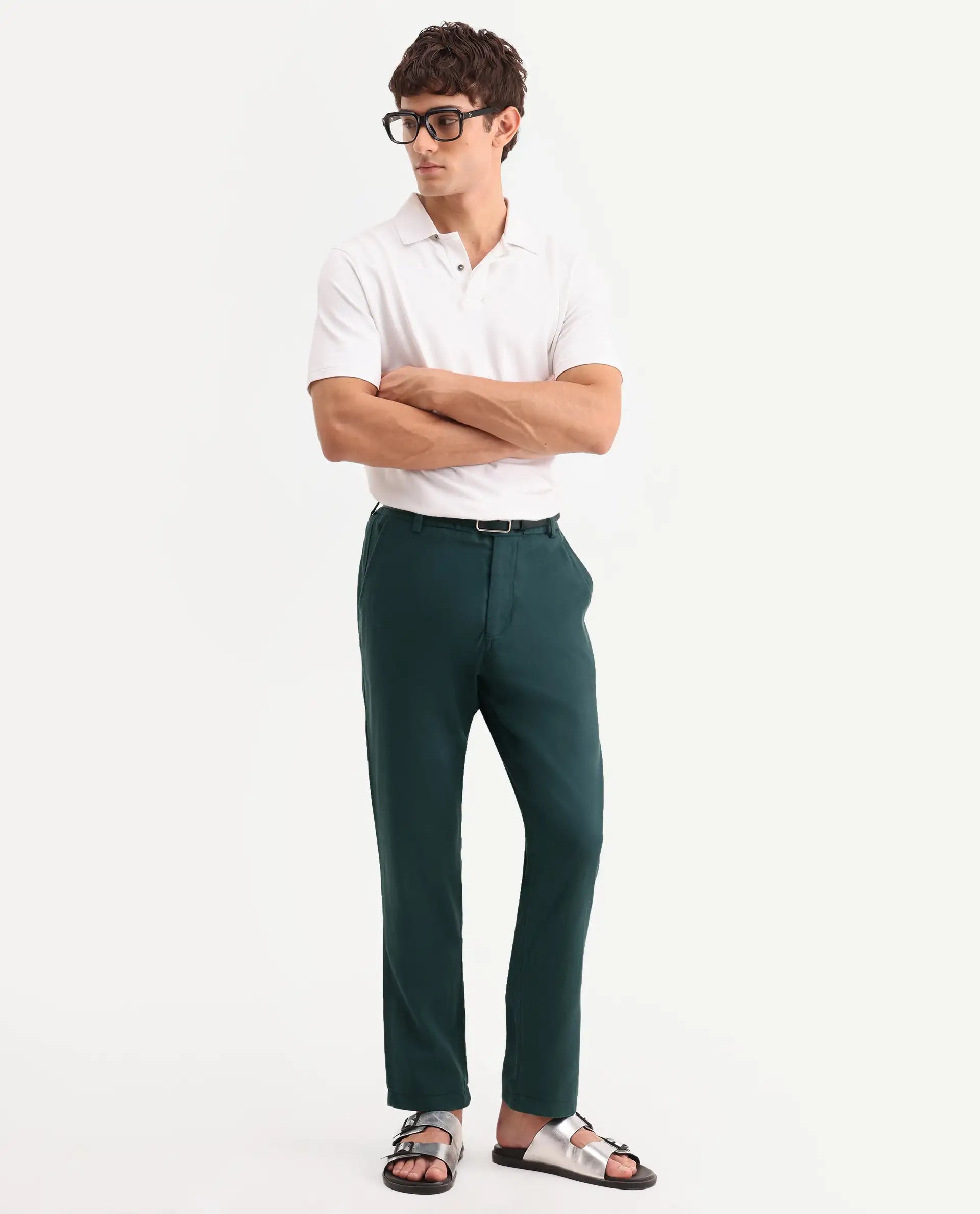 Rare Rabbit Men's Linol-T Dark Green Linen Blend Fabric Regular Fit Drawstring Plain Trouser