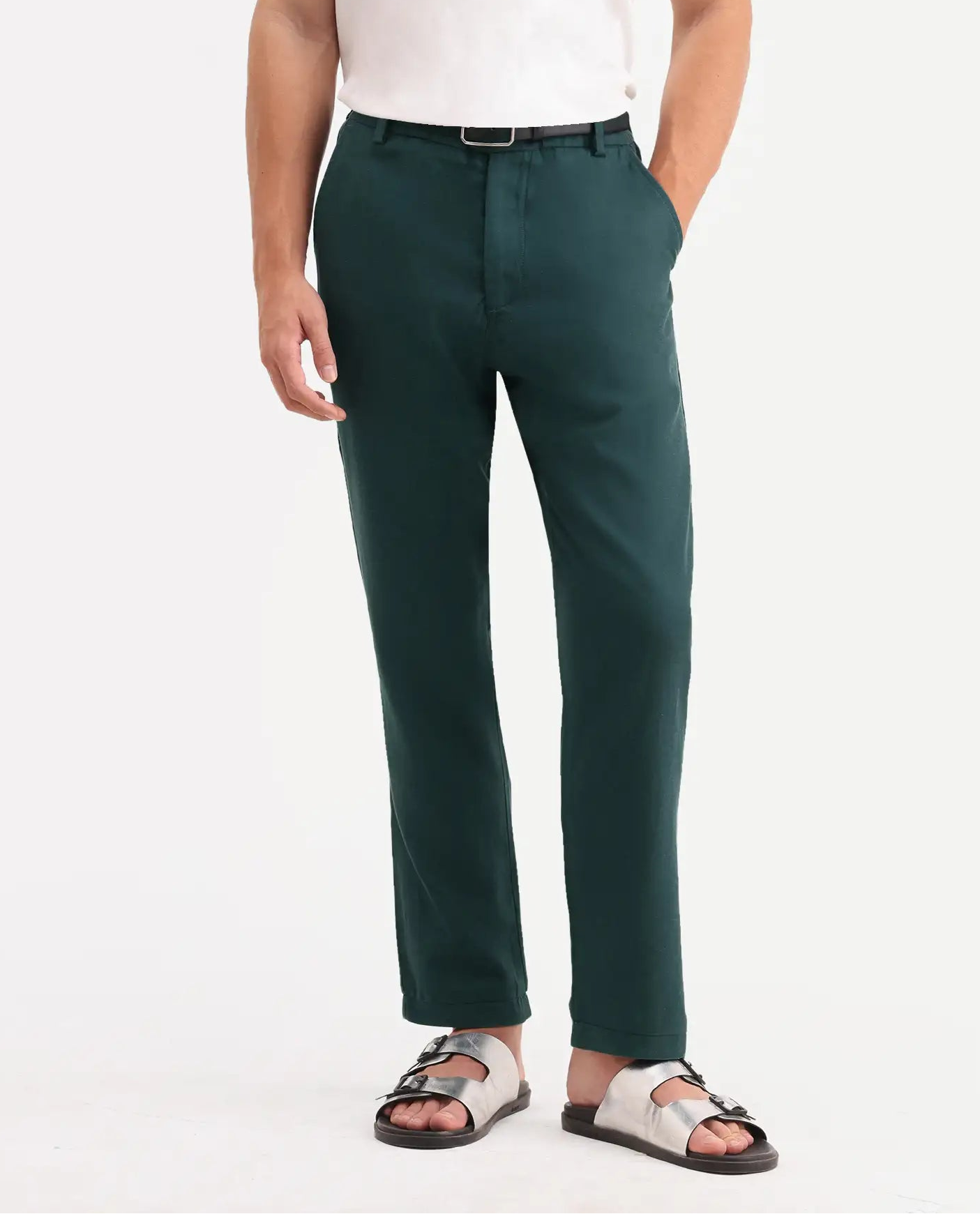 Rare Rabbit Men's Linol-T Dark Green Linen Blend Fabric Regular Fit Drawstring Plain Trouser
